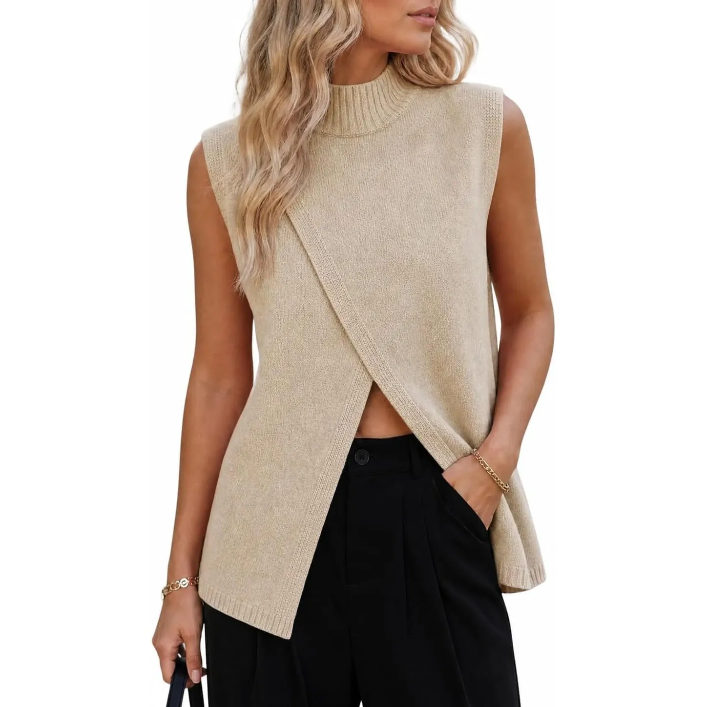 Saodimallsu Damen Ärmellos Strickweste Stehkragen Pullover Weste
