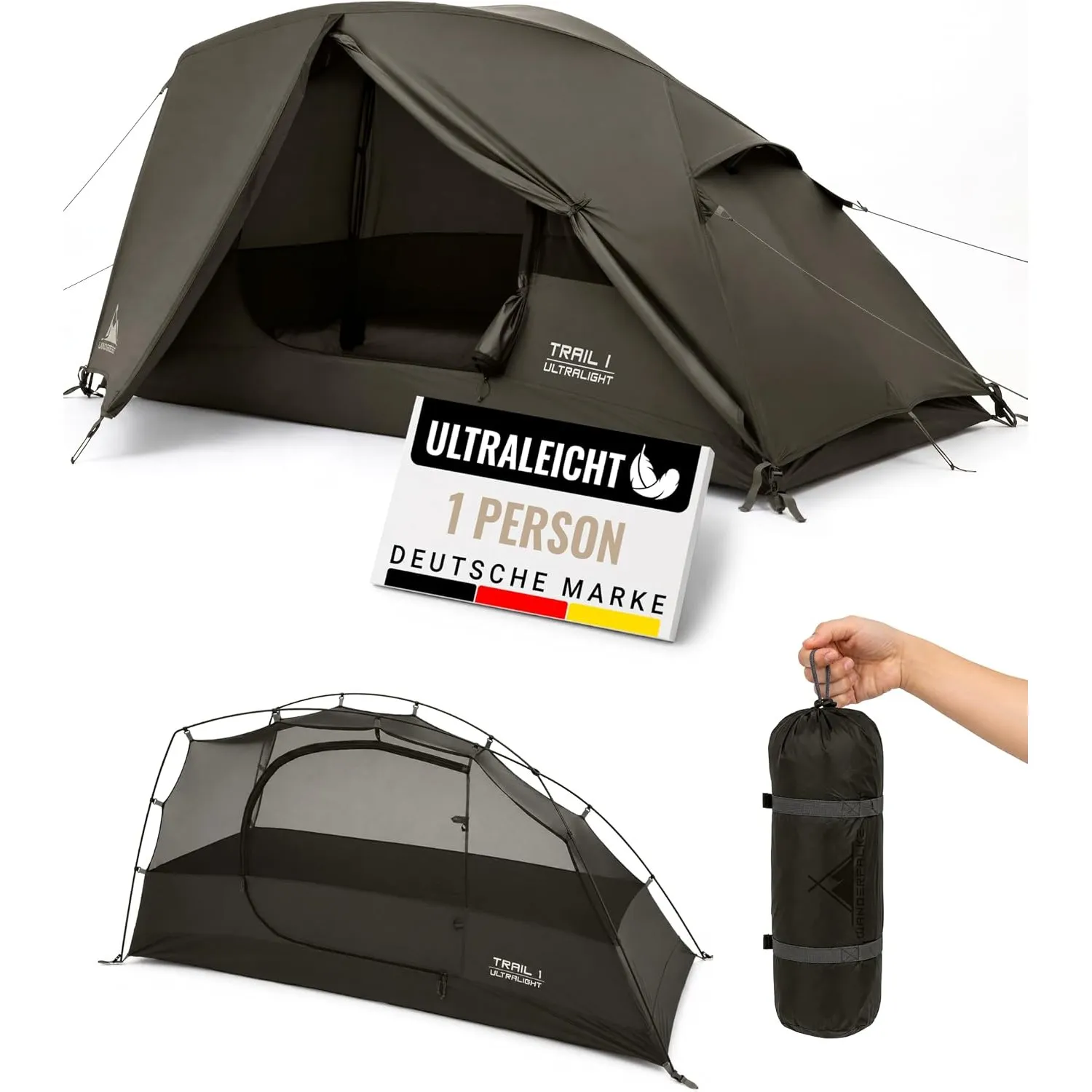 WANDERFALKE® Trail 1 & 2 Personen Zelt Ultraleicht, kleines Packmaß, wasserdicht 4.000mm, leichtes 1-2 Mann Trekkingzel…