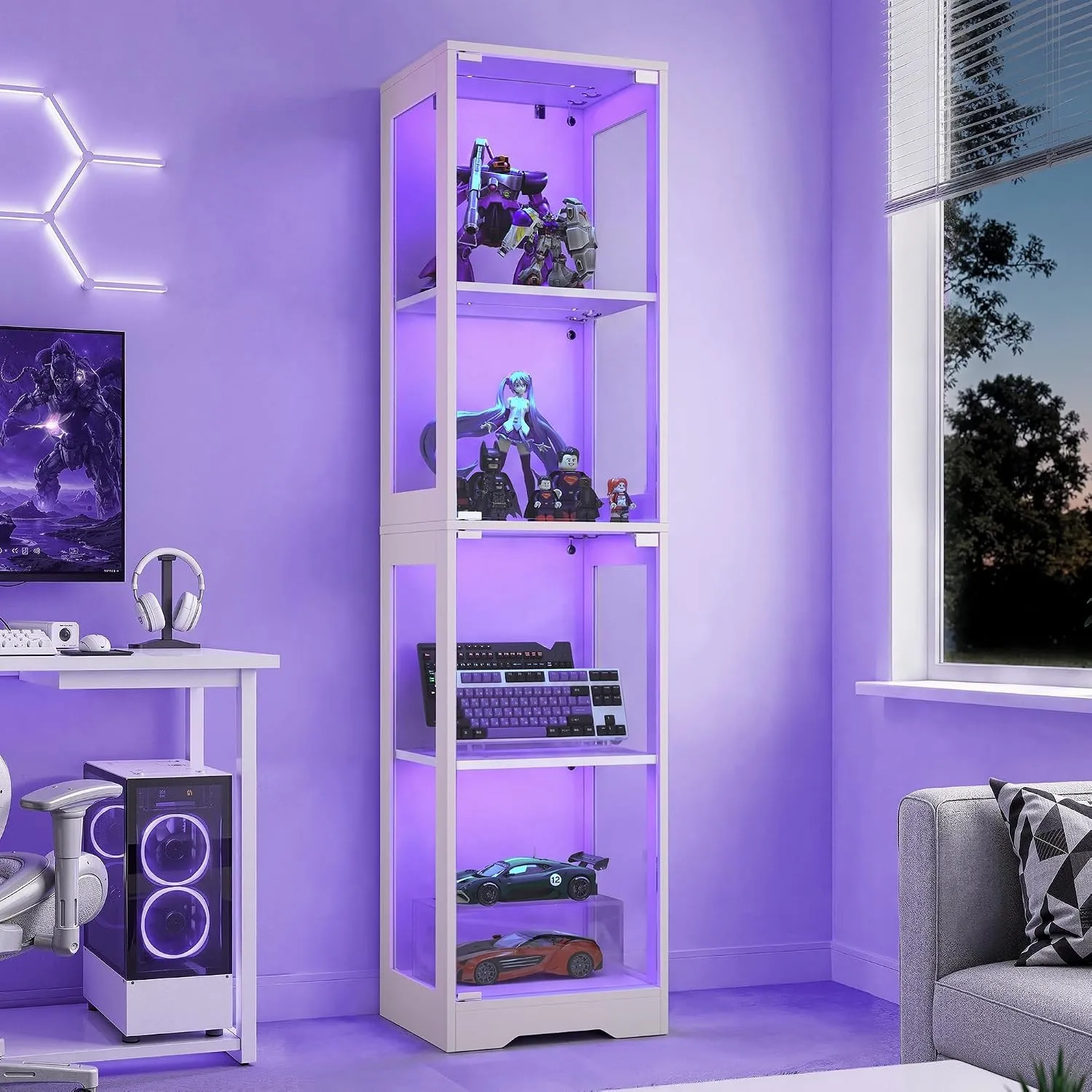 LUE BONA Glasvitrine mit Gehärtetem Glas,Vitrine mit 4 Einlegeböden,Weiß