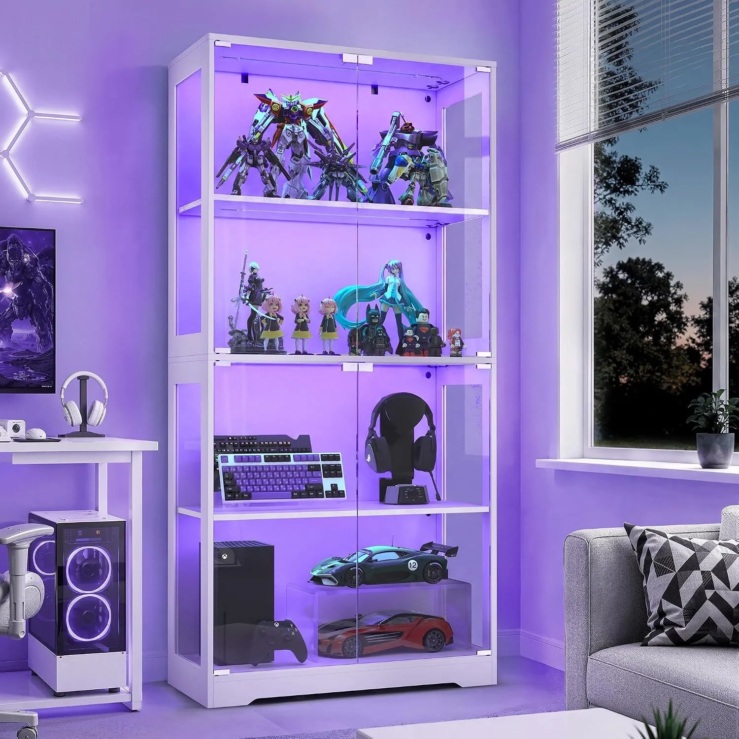 LUE BONA Glasvitrine mit 4 Einlegeböden,Vitrine mit Gehärtetem Glas,Weiß
