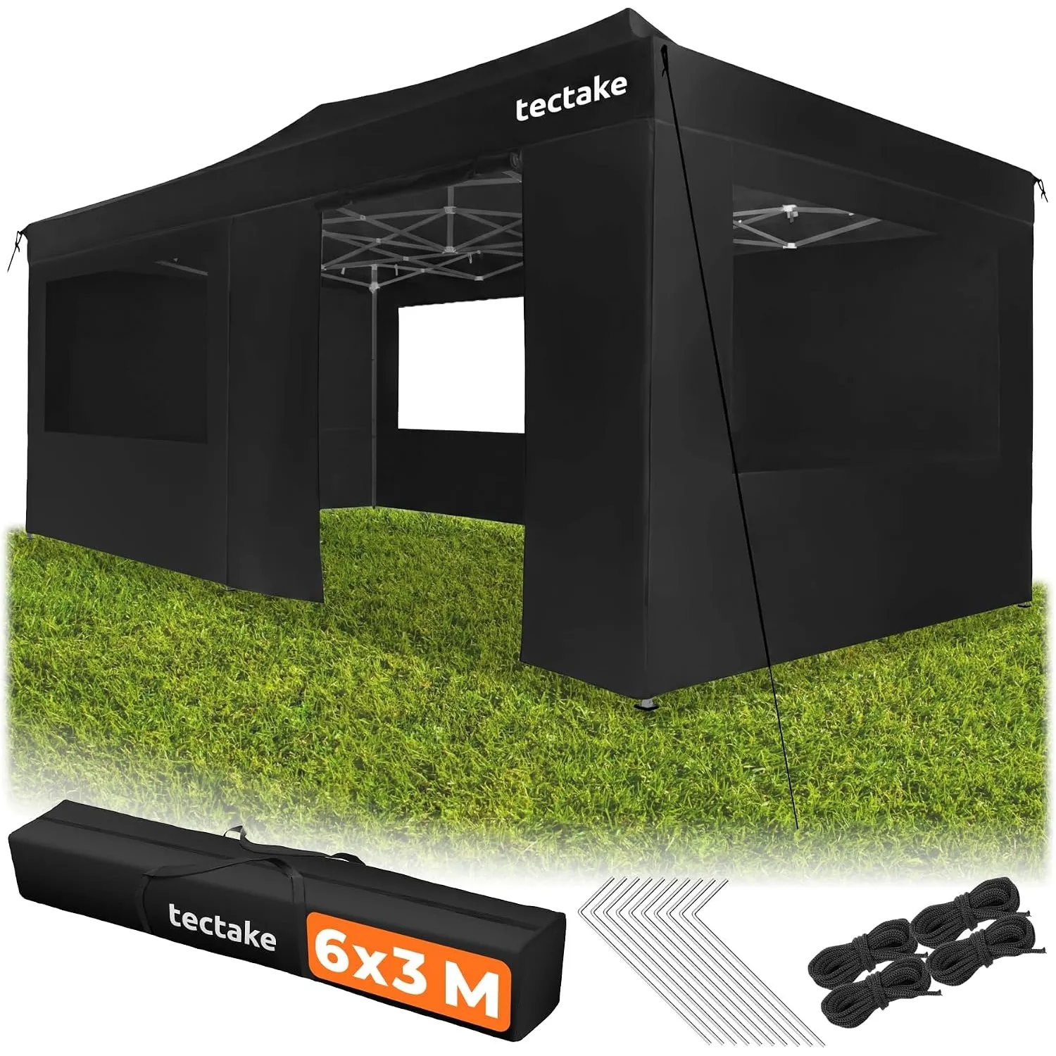 tectake® Aluminium Faltpavillon, 3x6 m, wasserdicht, 6 Seitenteile, 3 Fenster, höhenverstellbar, mit UV-Schutz 40+, Alu…