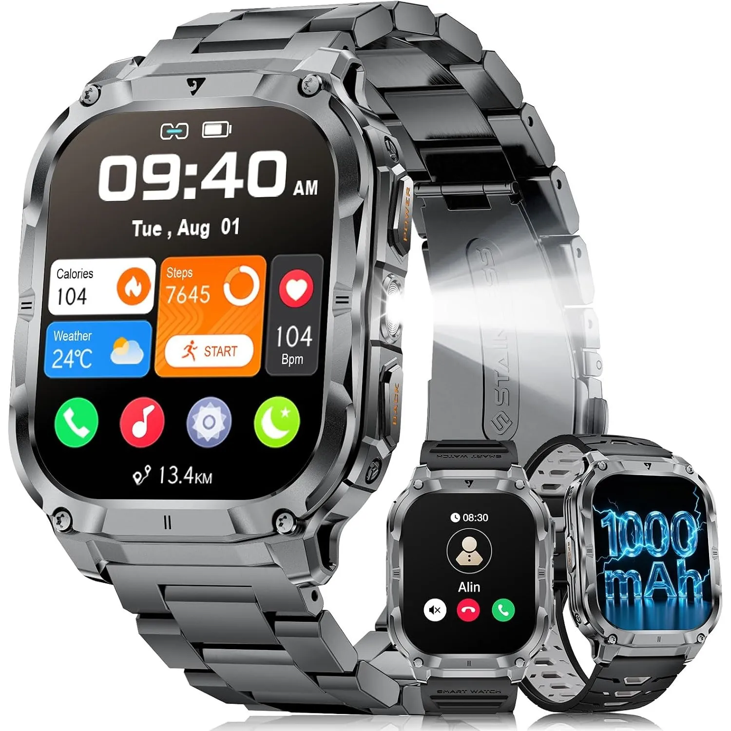 LIGE Smartwatch Herren Militär-2'' HD Große Display/1000mAh/LED-Licht,3 Armbändern/Fitnessuhrmit Taschenlampe/120+ Spor…