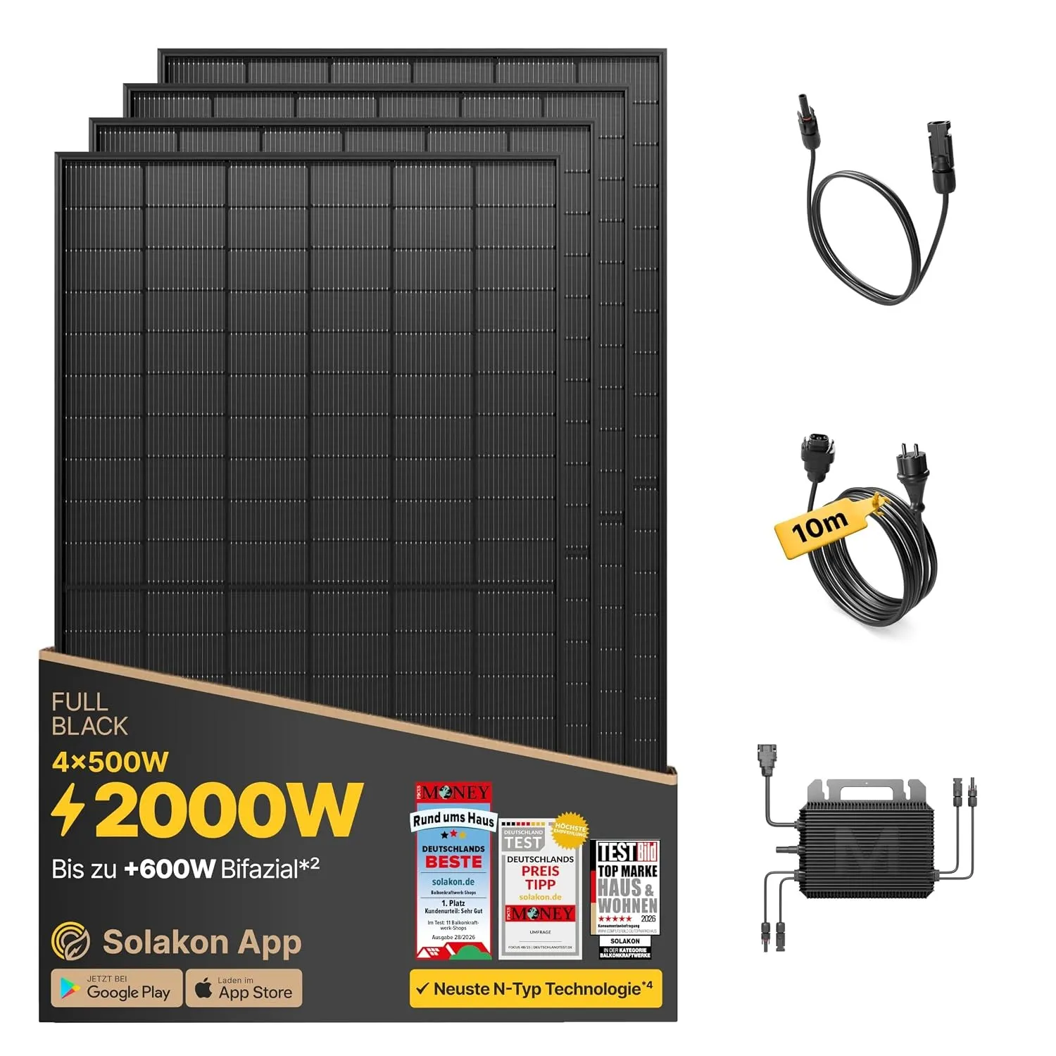 Solakon 2000W Balkonkraftwerk komplett Steckdose, Ohne Halterung, 10m Kabel