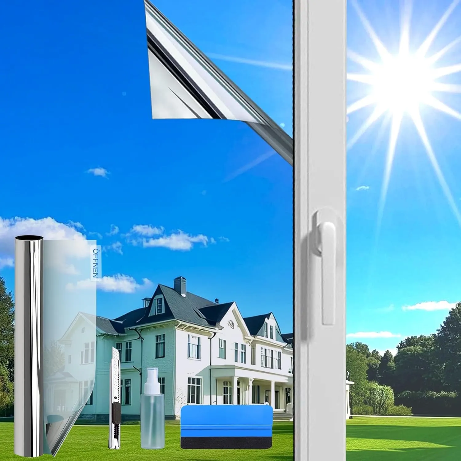 (90X400cm Silber) Fensterfolie Sonnenschutz Hitzeschutz innen oder außen | Rückstandslose Spiegelfolie Fenster Hitzesch…