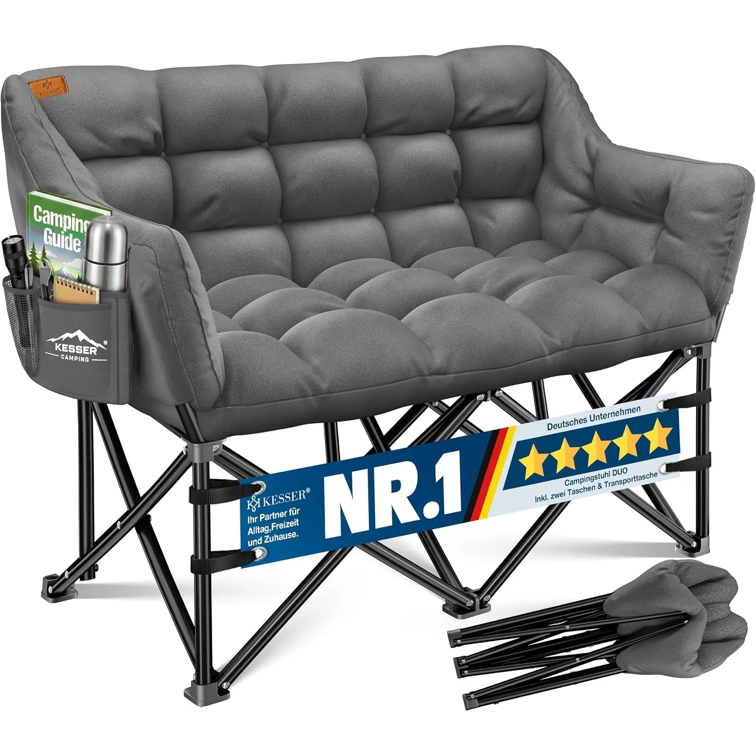 KESSER® Campingsofa faltbar, Campingcouch breit, gepolstert mit Seitentaschen & Tasche, Faltsofa Duo, Campingstuhl Indo…