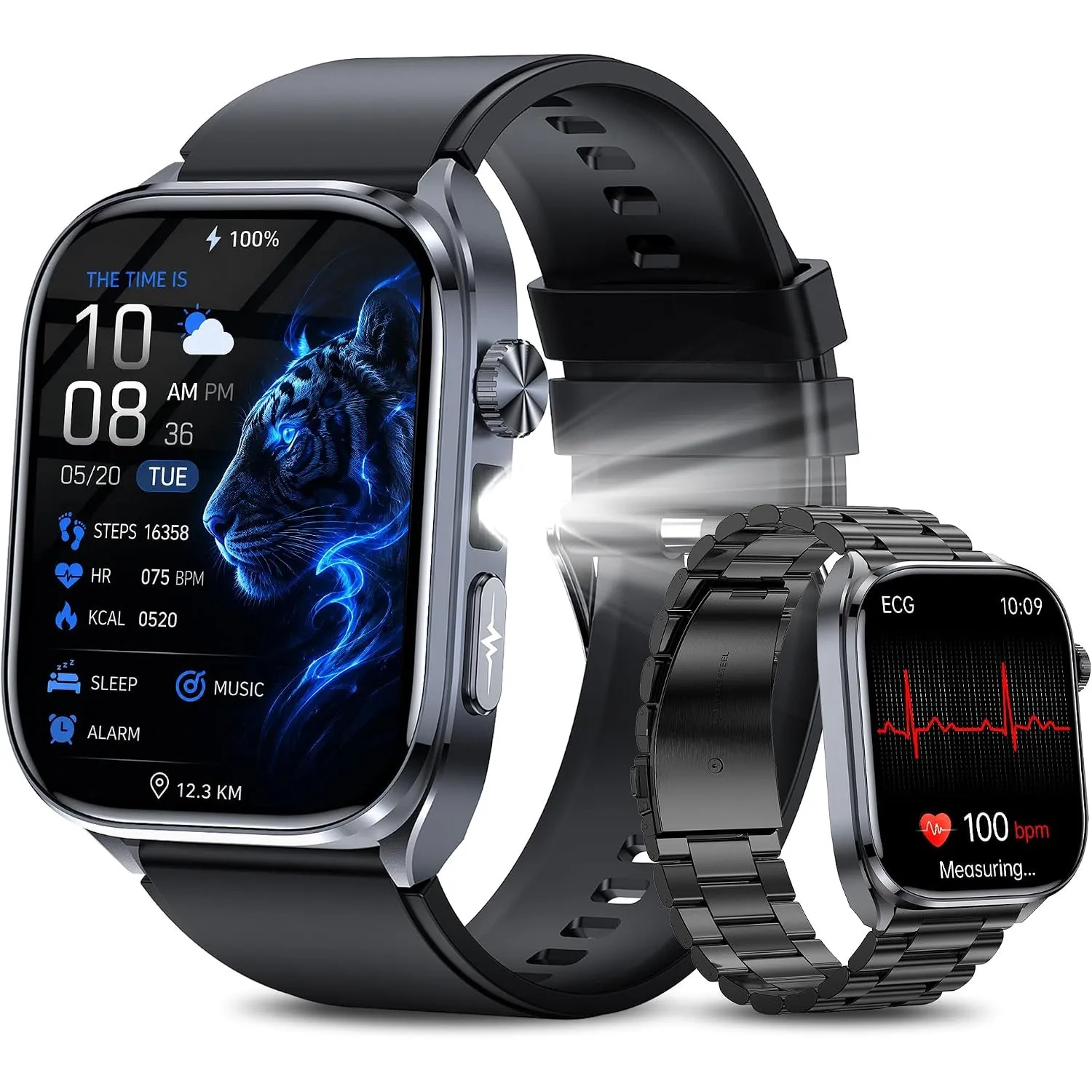 KPEP Smartwatch Herren mit EKG/Blutdruck/Harnsäure/HRV/LED-Licht/BMI/Schlaf