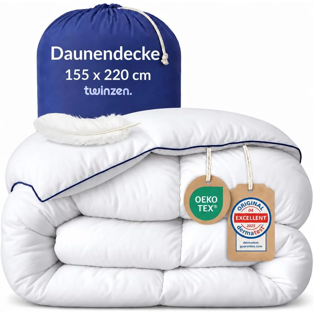 Twinzen Bettdecke 155x220 (650GSM) - Bettdecken Daunen & Federn - Warme Winterdecke - RDS Downpass, Oeko-Tex & für Tier…
