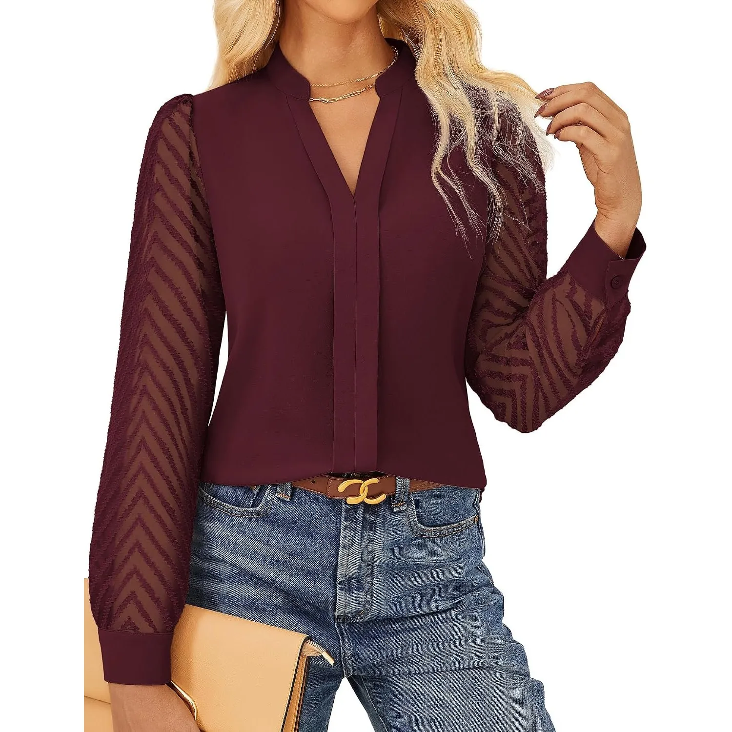 GRACE KARIN Damen Business Blusenshirt Elegante V-Ausschnitt Oberteile Spitze Transparenten Ärmel Büro Bluse