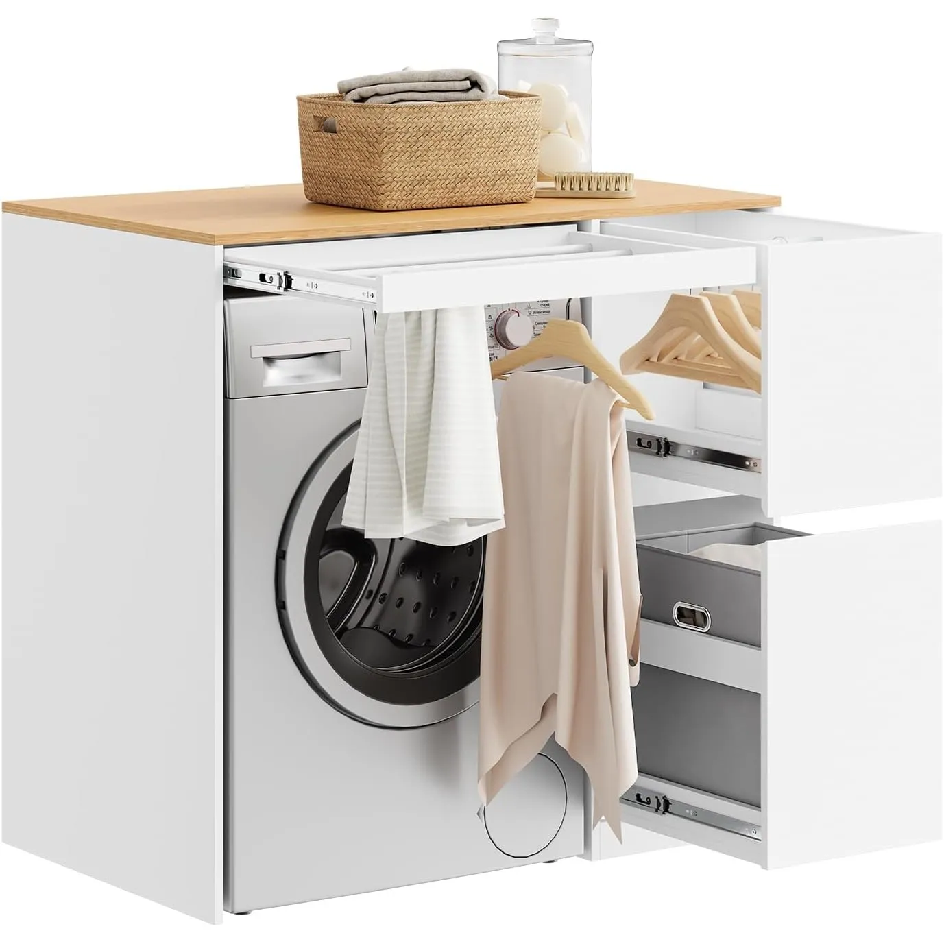 SoBuy Waschmaschinenschrank mit Wäschekorb 100x60x95 cm für Waschküche Bad