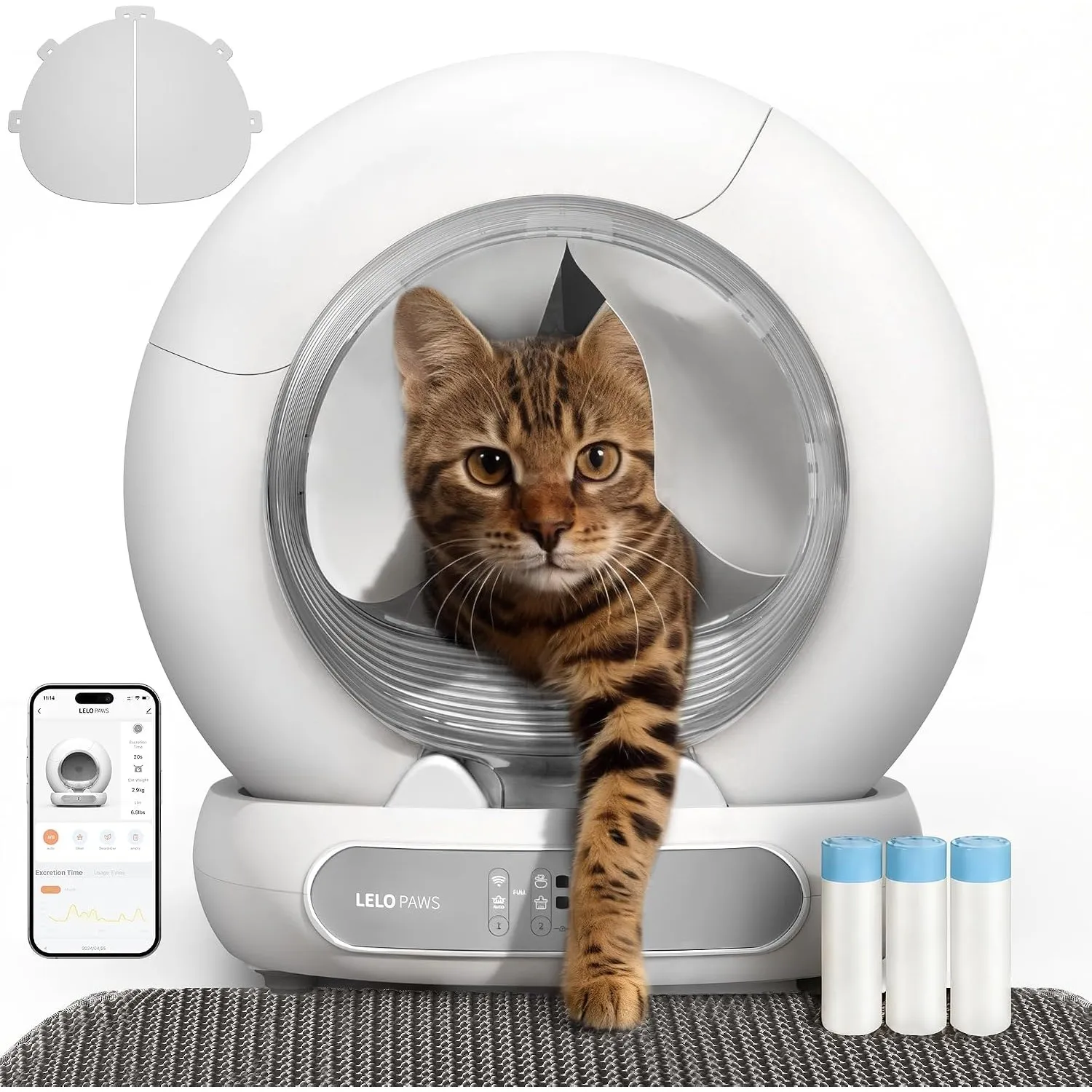 Selbstreinigende Katzentoilette mit Türvorhang, 65L+9L Katzenklo Selbstreinigend mit Müllbeutel, Matte, APP Steuerung, …