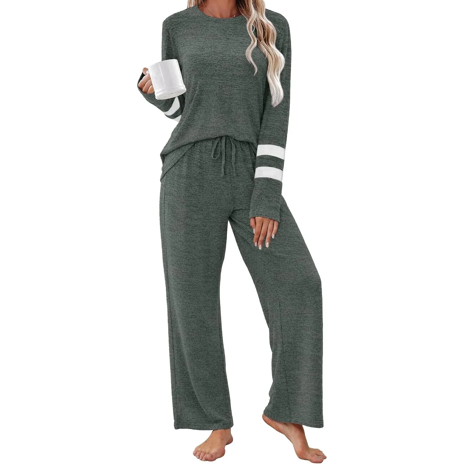 Desol Damen Schlafanzug Gestreift Langarm Strick-Pyjama Set