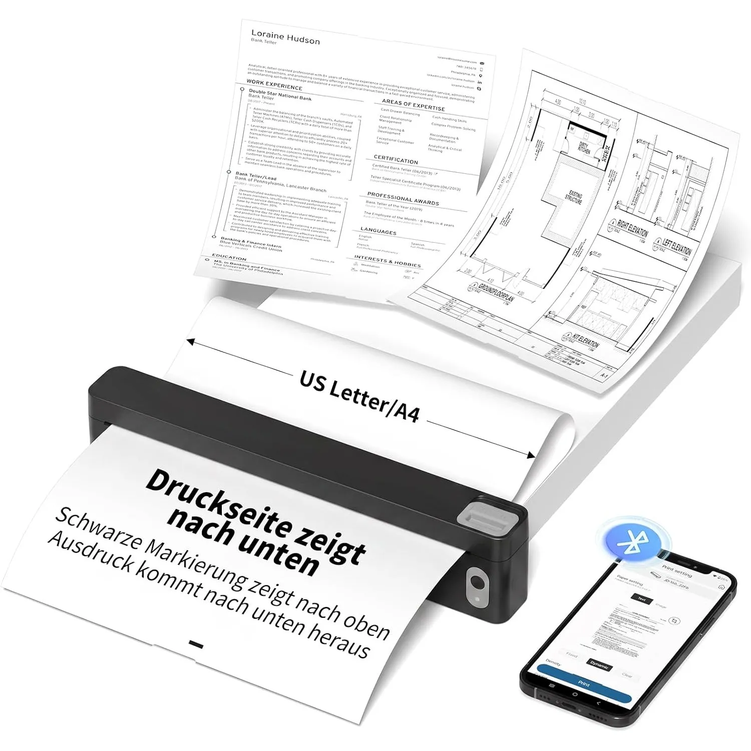 JADENS Tragbarer A4 Thermodrucker, Bluetooth Mobiler Drucker Tintenlos, 203 DPI Kabellos Mini Drucker für Reisen Home O…