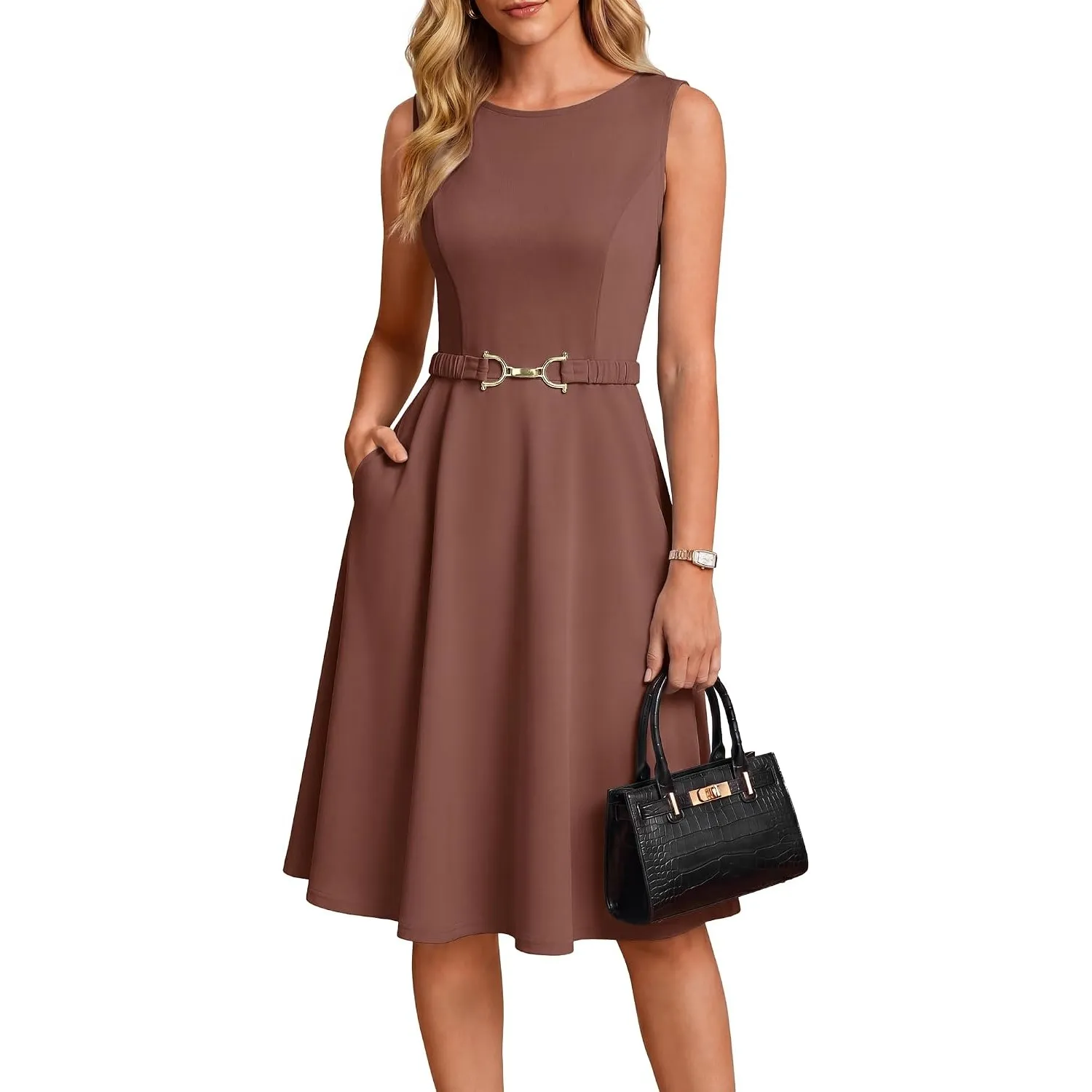 GRACE KARIN Damen Kleider Elegante A-Linie Freizeit Rundhals Mit Tasche