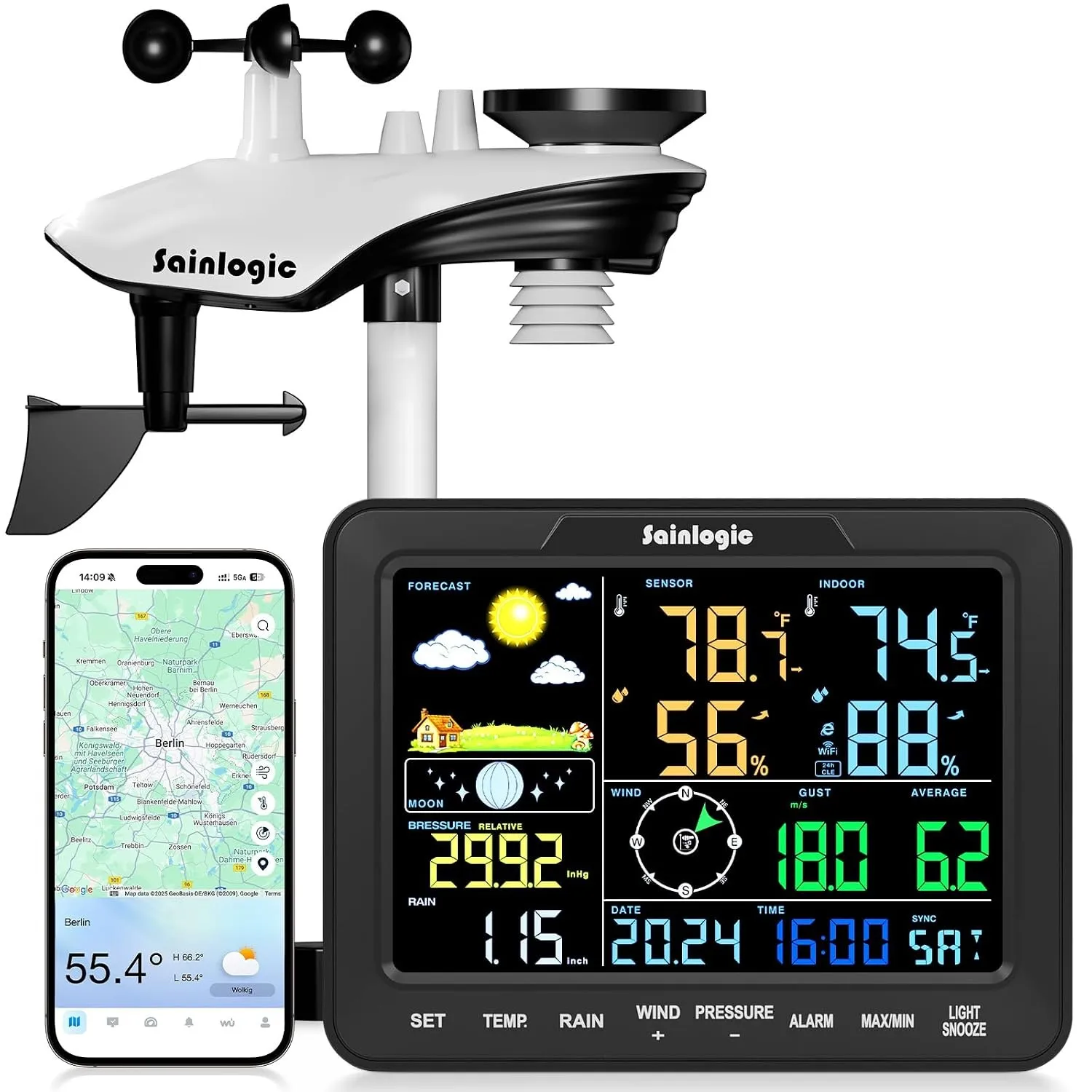 Sainlogic Wetterstation WLAN Mit KI, Regenmesser, Windmesser Alarm 12-in-1