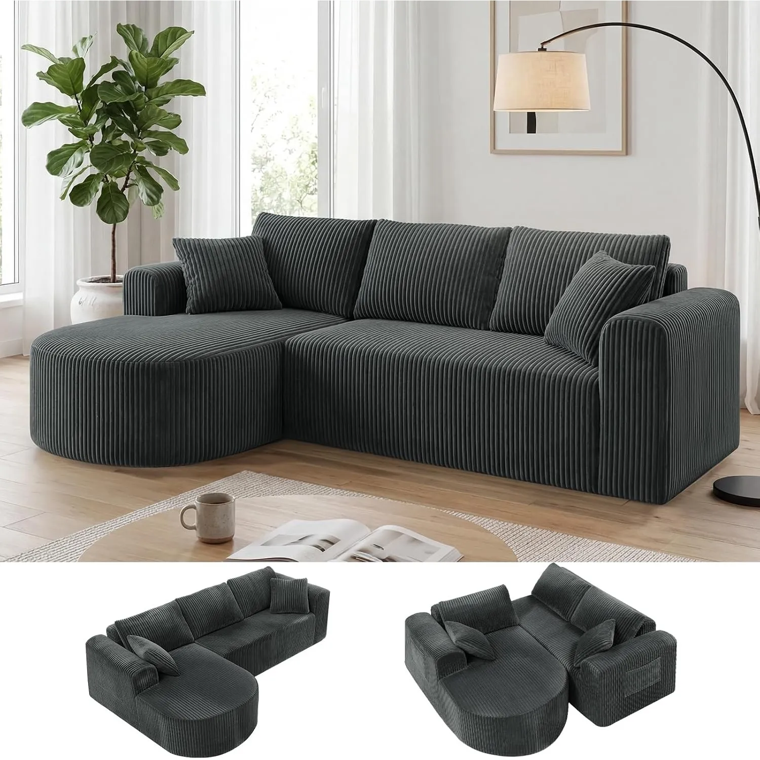 COMHOMA Ecksofa mit Schlaffunktion, 263cm Corduroy Modulares Boneless Couch mit Chaiselongue, L-Form Schlafsofa, Sektio…