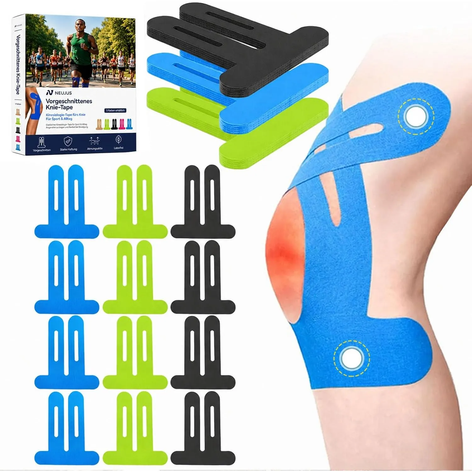 Knie Tape Vorgeschnitten 12 Stück, Kinesiologie Tapes Knie, 3 MIX