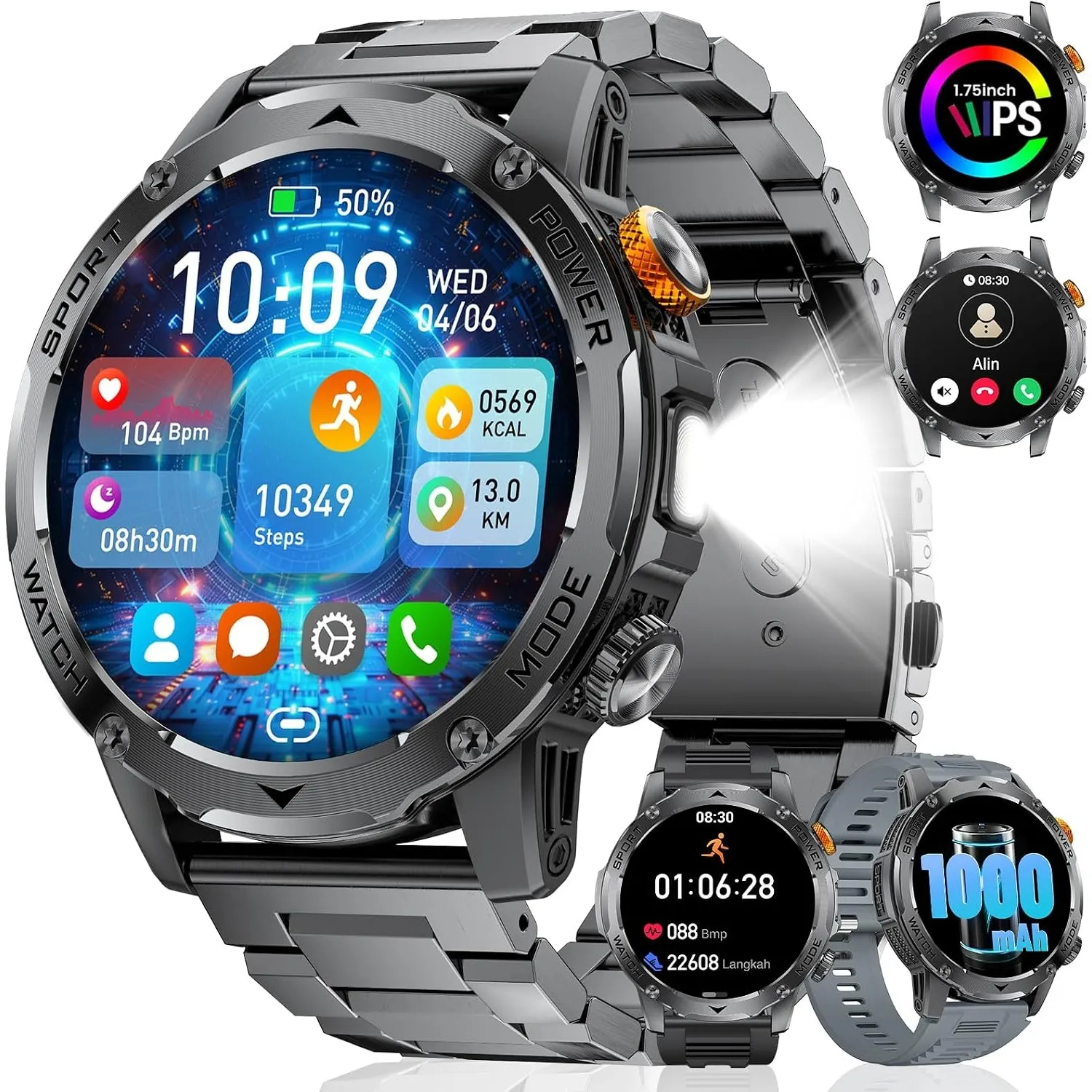 LIGE Smartwatch Herren Militär - 1000 mAh/1.75" HD Große Display,Smartwatch mit Bluetooth Anrufe/Taschenlampe,120+ Spor…
