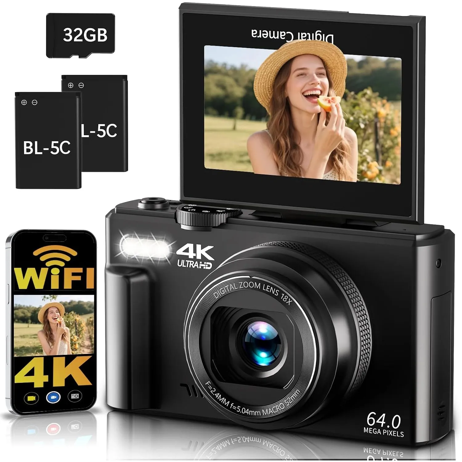 Digitalkamera 4K 64MP WLAN Kamera Fotokamera Autofokus Fotoapparat | für Anfänger, 3" 180° Klappbildschirm, 18X Digital…