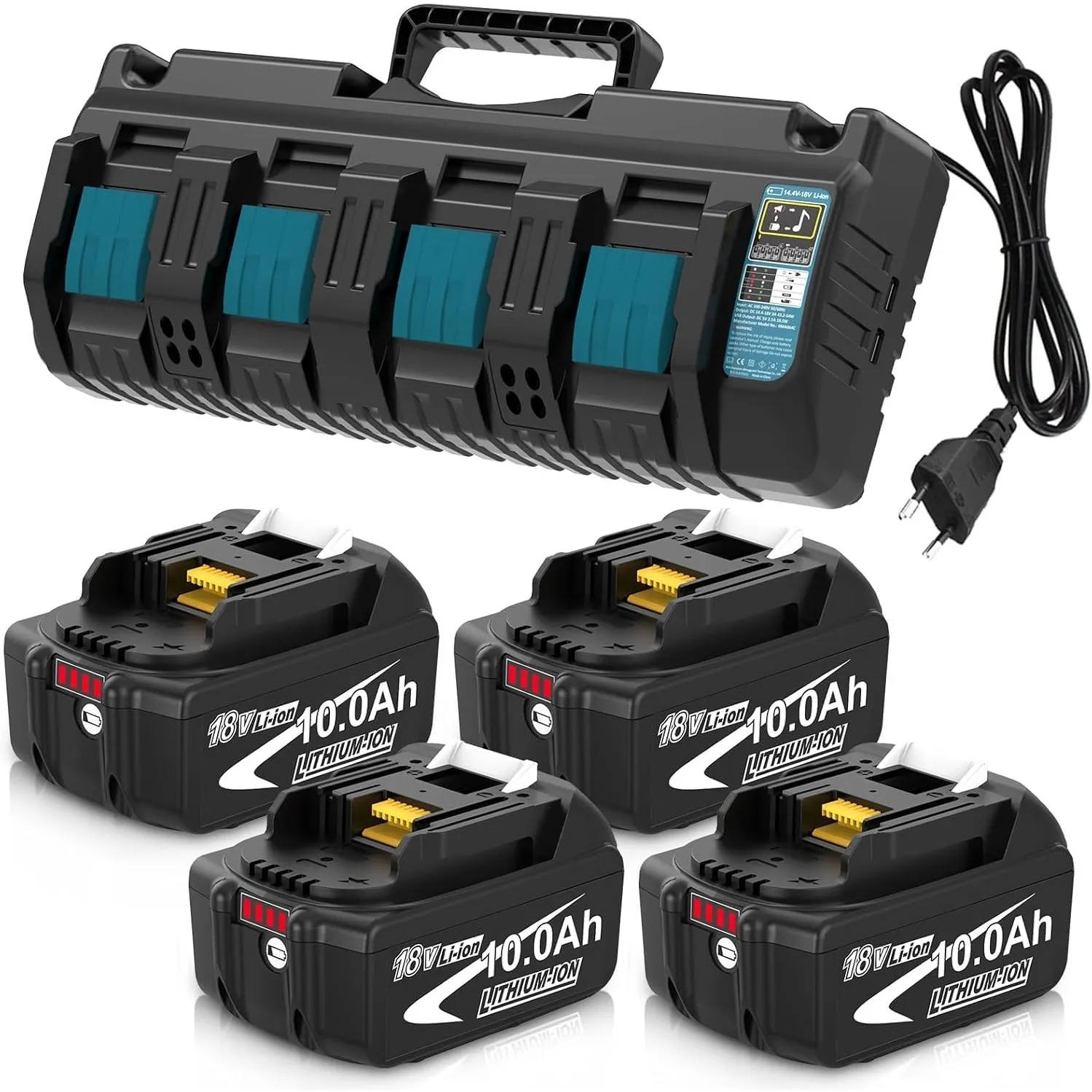4 Stück 10.0Ah Ersatz für Makita Akku 18V LXT BL1850B/BL1860B + Ladegerät DC18SF– Kompatibel mit DC18RD/DC18RF Ladegerä…
