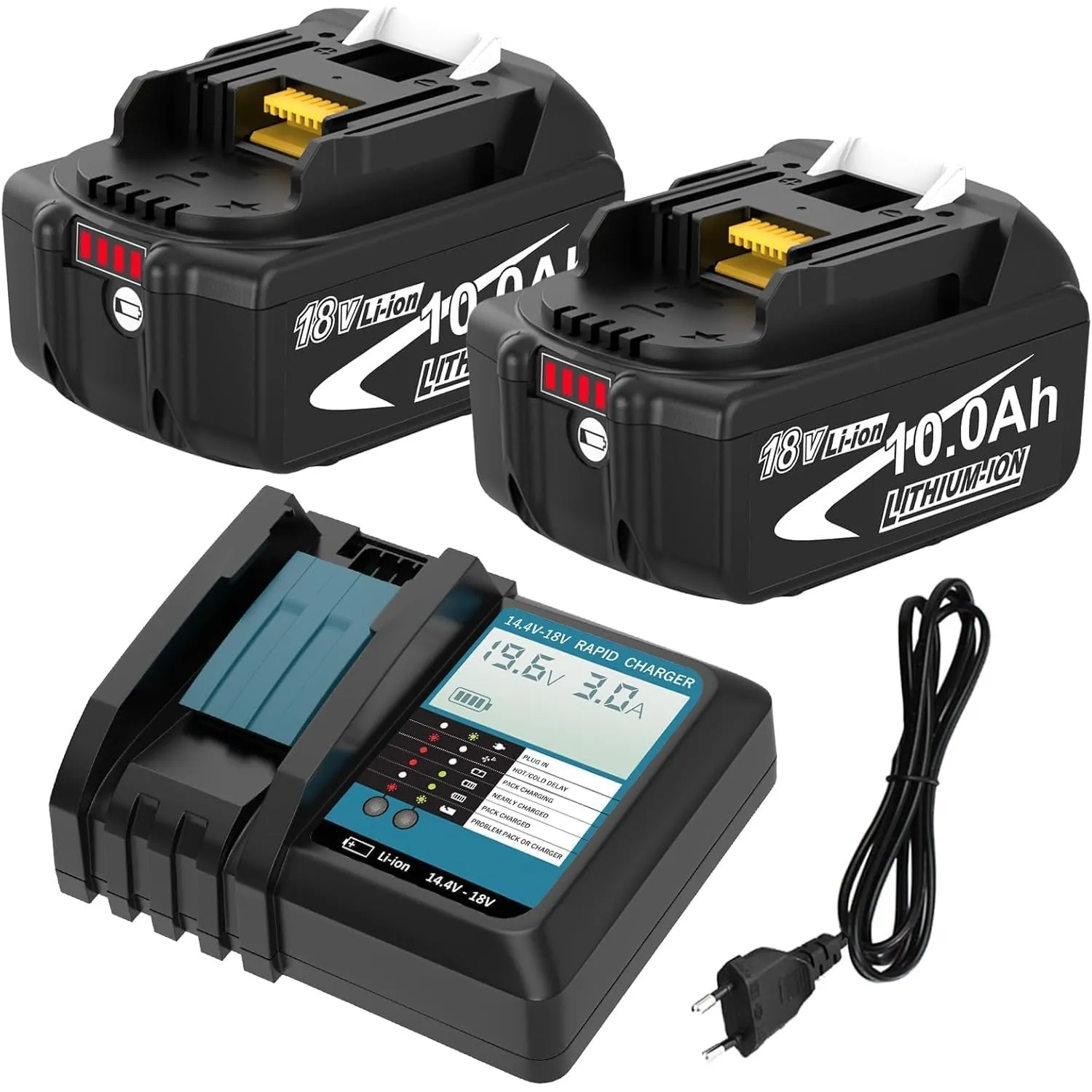 2 Stück 10.0Ah/10000mAh Ersatzakku für Makita Akku 18V + LCD-Anzeige Ladegerät DC18RF für BL1860B BL1860B BL1850B BL185…