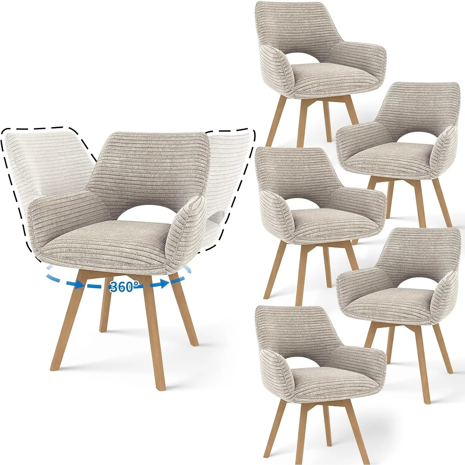 JIJIAN 6er Set 360° Drehbare Esszimmerstühle mit Armlehnen, Taupe