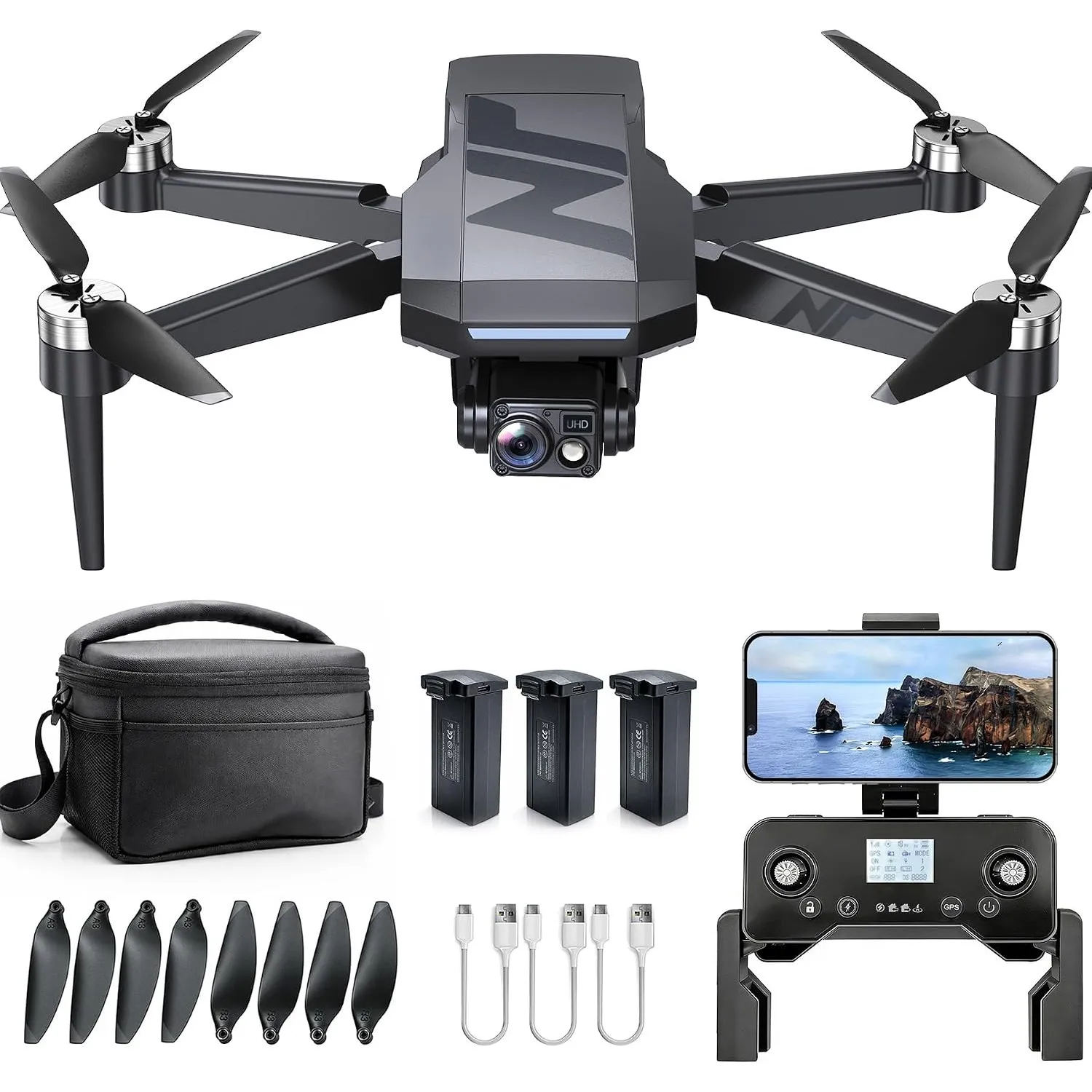 3‑Achsen‑Gimbal GPS Drohne mit Kamera 4K, 90 Min Flugzeit (3 Akkus), 1000 m Steuerungsreichweite, Auto Return, Auto Fol…