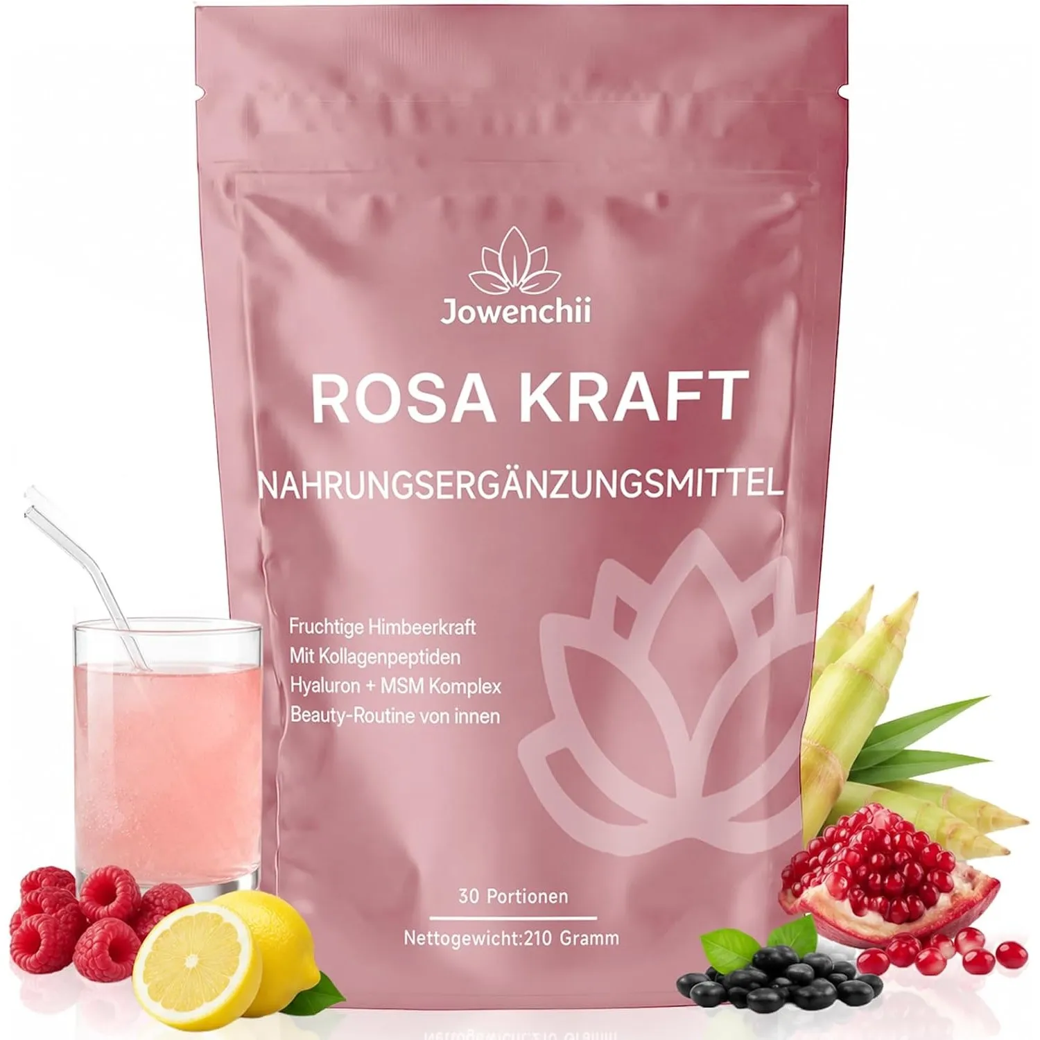 Rosa Superfood Pulver Helfer 210 g – Rosa Kollagenpulver Glanz mit Grüne Pflanzenpulvern, Hyaluron & Vitaminen, 30 Port…