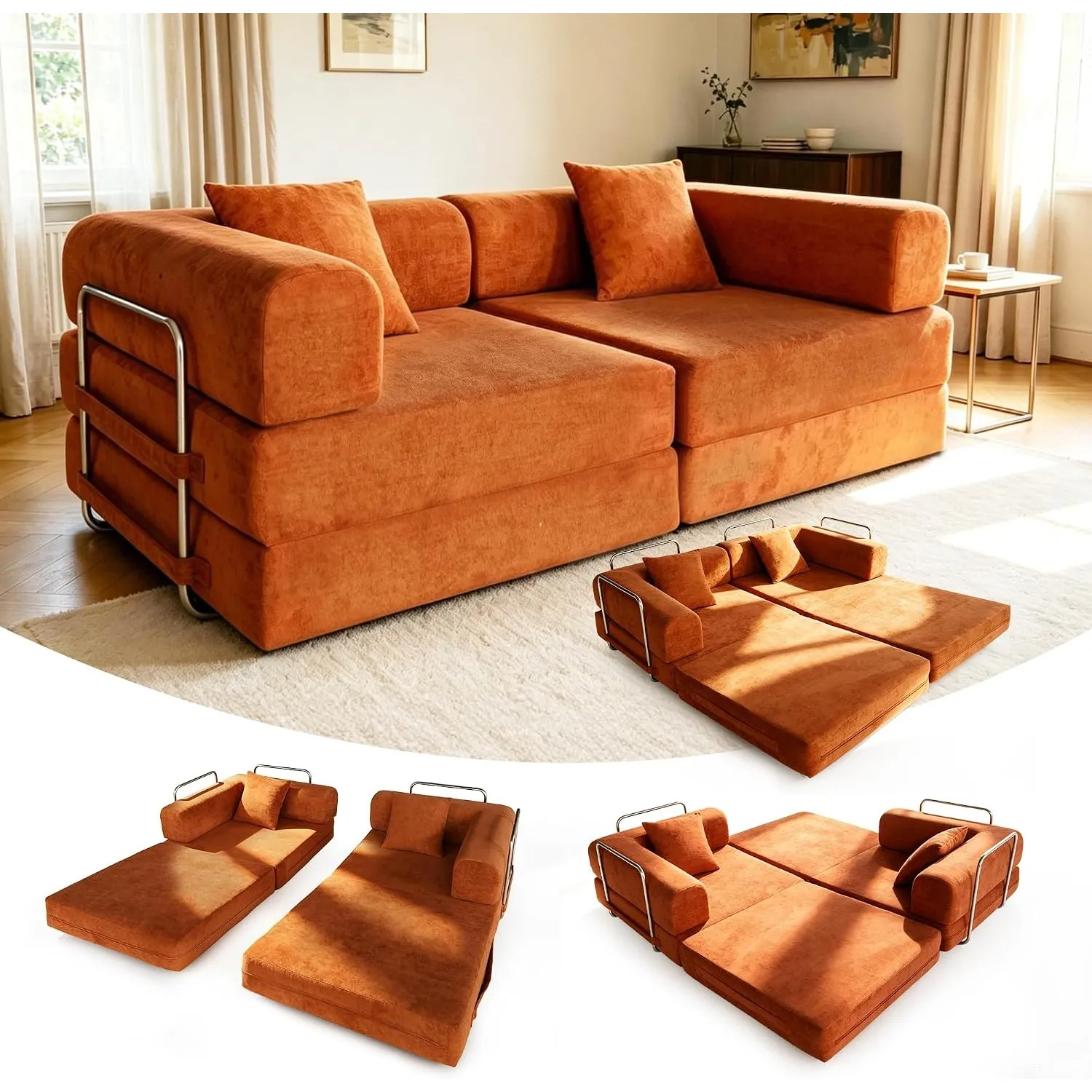 Schlafsofa 200cm Breit, Boneless Couch mit Kuscheliger Chenille-Stoff, Modulares Bodensofa klappbar, 3-Sitzer Sofa mit …