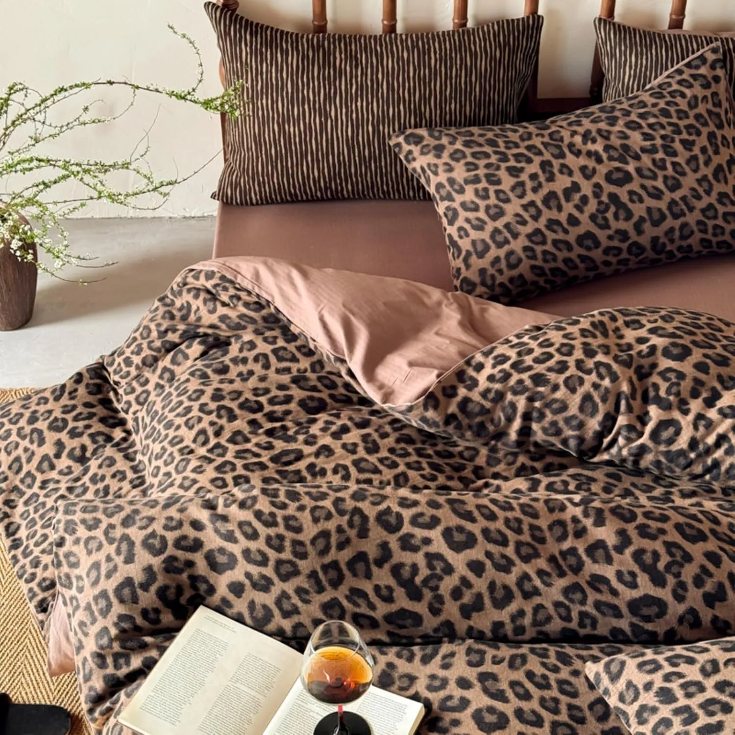 Freyamy Leopard Bettwäsche 220x240 Braun Khaki Leoparden Bettwäsche Set