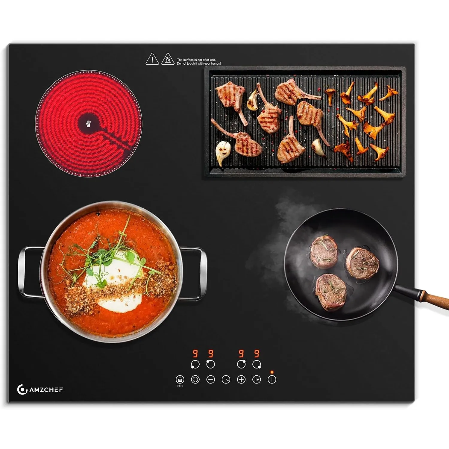 AMZCHEF Glaskeramikkochfeld 4 Platten 7200W, Herdplatte 4 Kochfelder 60 cm, 9 Leistungsstufen, Dual-/Ovalzonen für Gril…