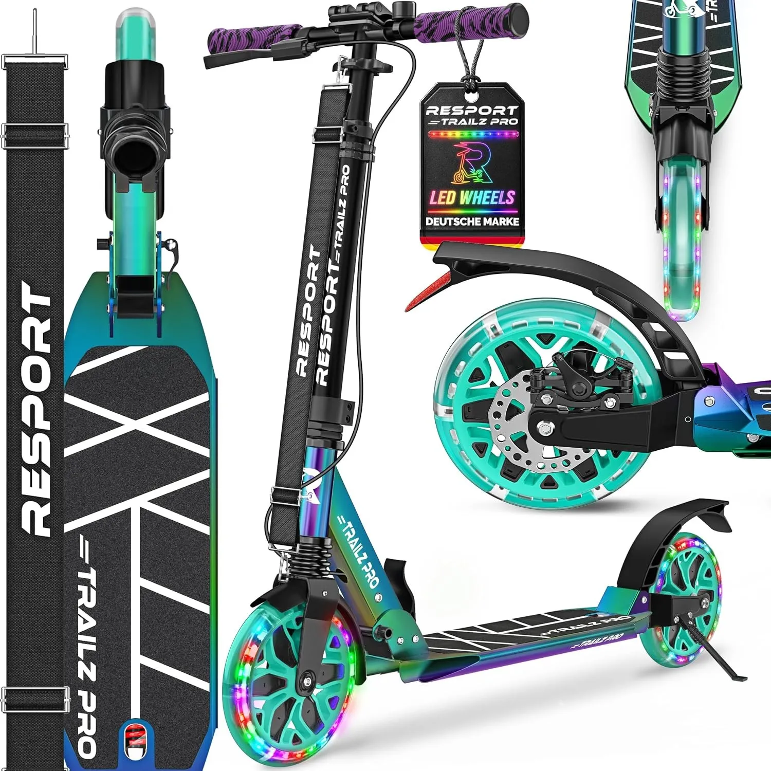 RE:SPORT® Cityroller für Kinder & Erwachsene mit LED, Klingel & Tragegurt