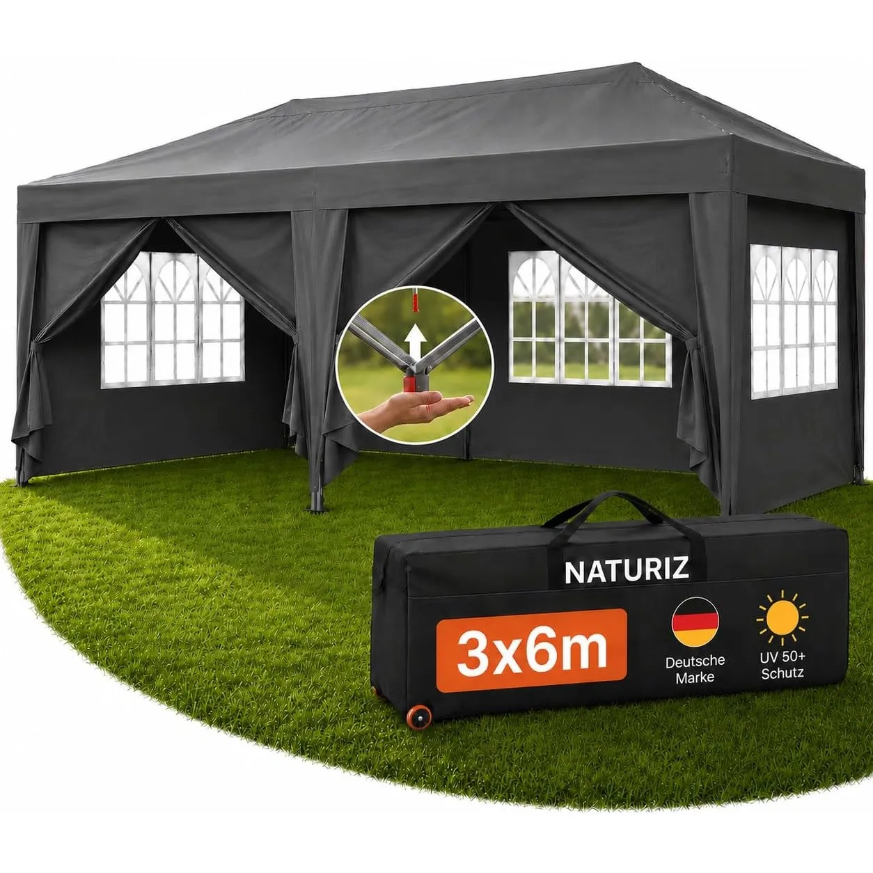NATURIZ® Pavillon 3x6 Wasserdicht Stabil & UV 50+ Schutz - Faltpavillon mit Seitenwänden - Pop Up Zelt für Garten, Camp…