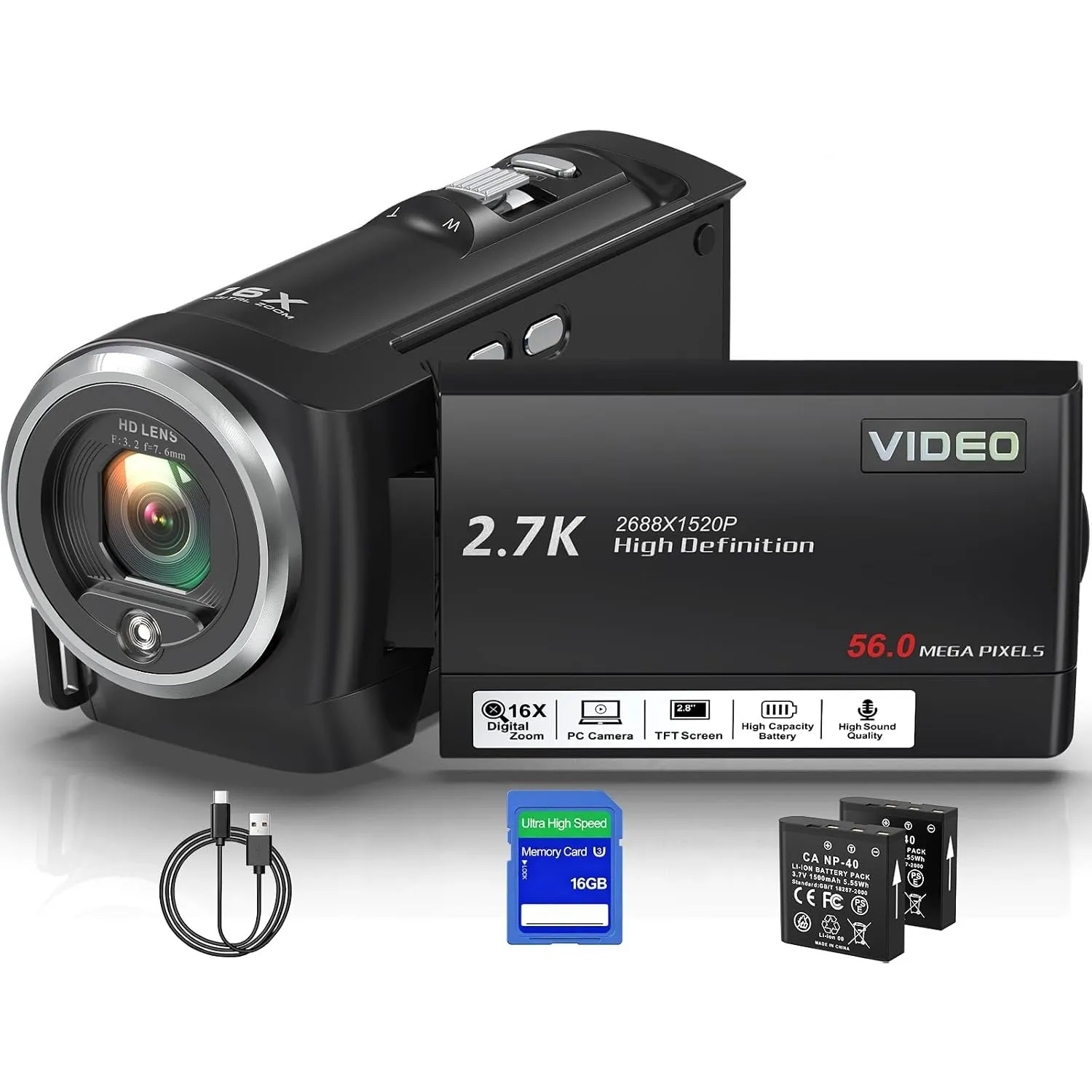 Videokamera 2.7K 56MP Camcorder 16X Digitalzoom Fülllicht Vlogging Camera