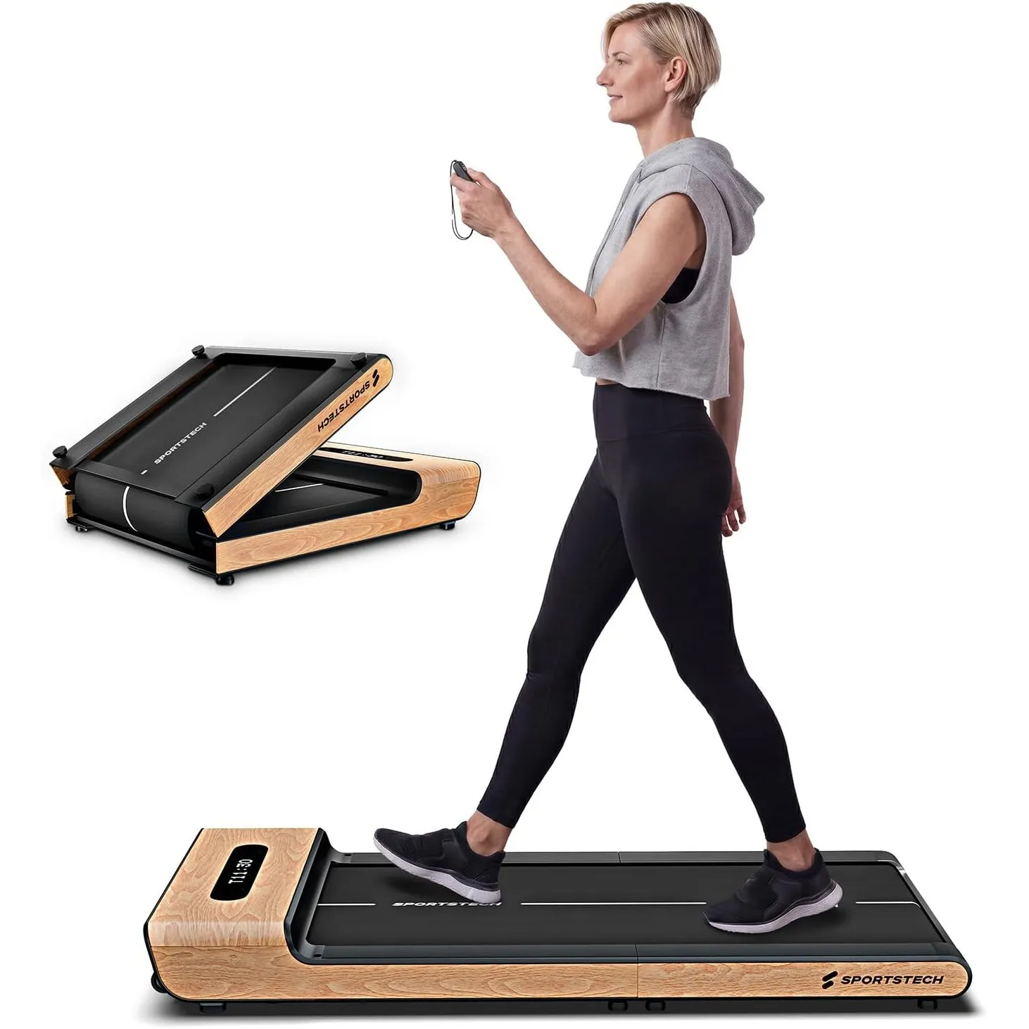 Sportstech Walking Pad Echtholz, 150kg, klappbar fürs Büro, 8 km/h, App