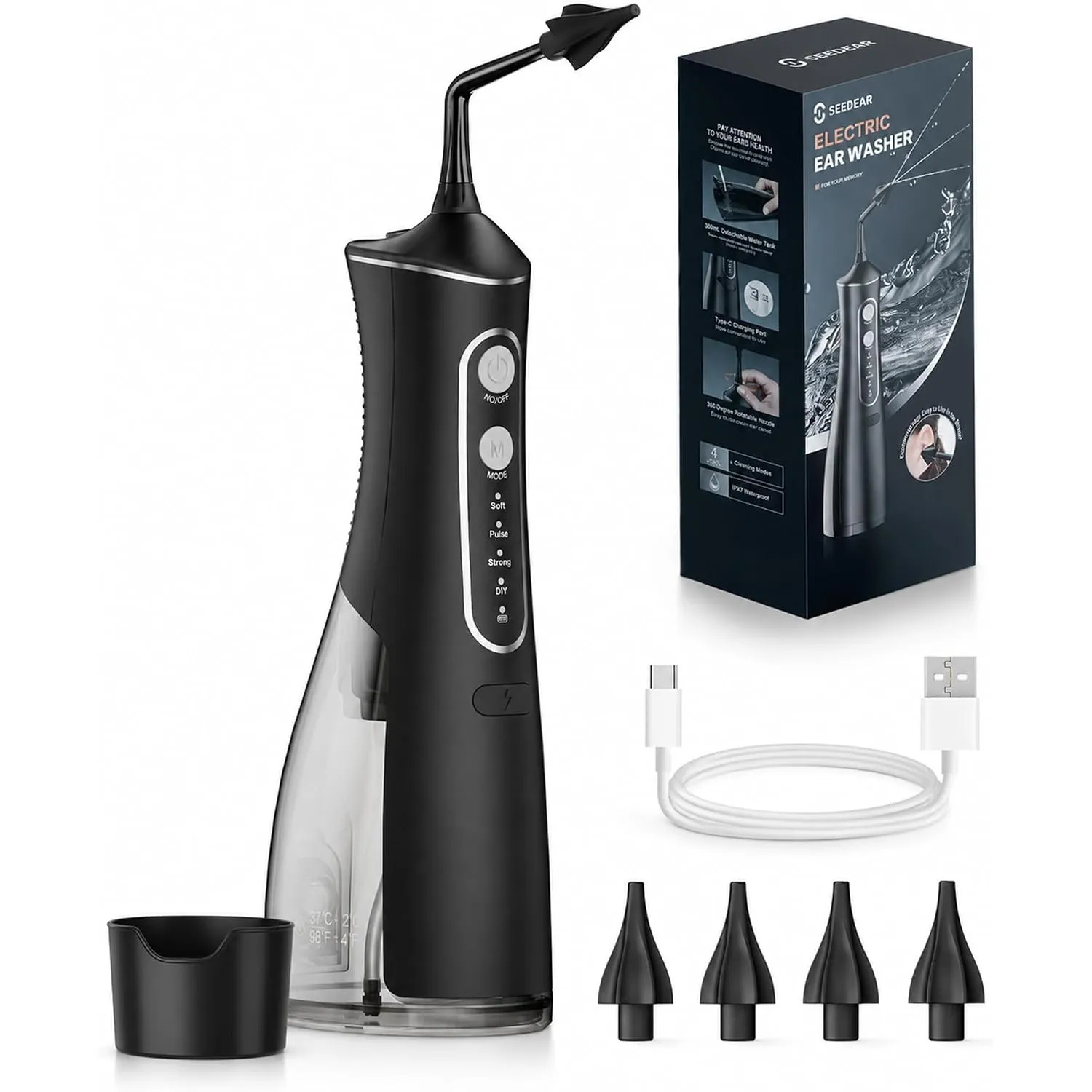 Elektrischer Ohrreiniger mit Wasserstrahl,300 ml Tank, IPX7 wasserdicht,4 Modi inkl. DIY, USB‑C,2‑Min‑Timer, Silikondüs…