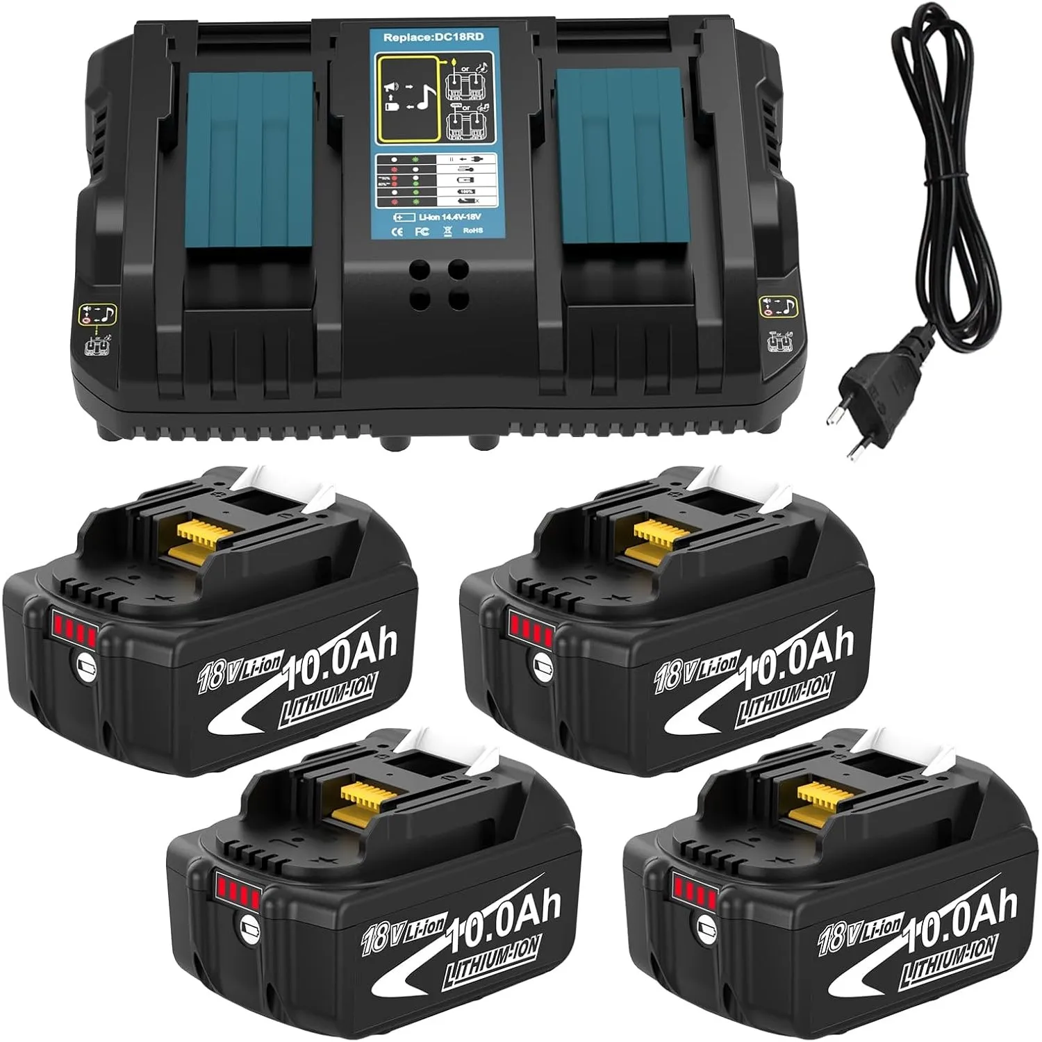 4er-Pack 10.0Ah Ersatzakku für Makita Akku 18V+Ladegerät DC18RD für BL1860B BL1850B BL1890 BL1840B BL1830B BL1820B Komp…