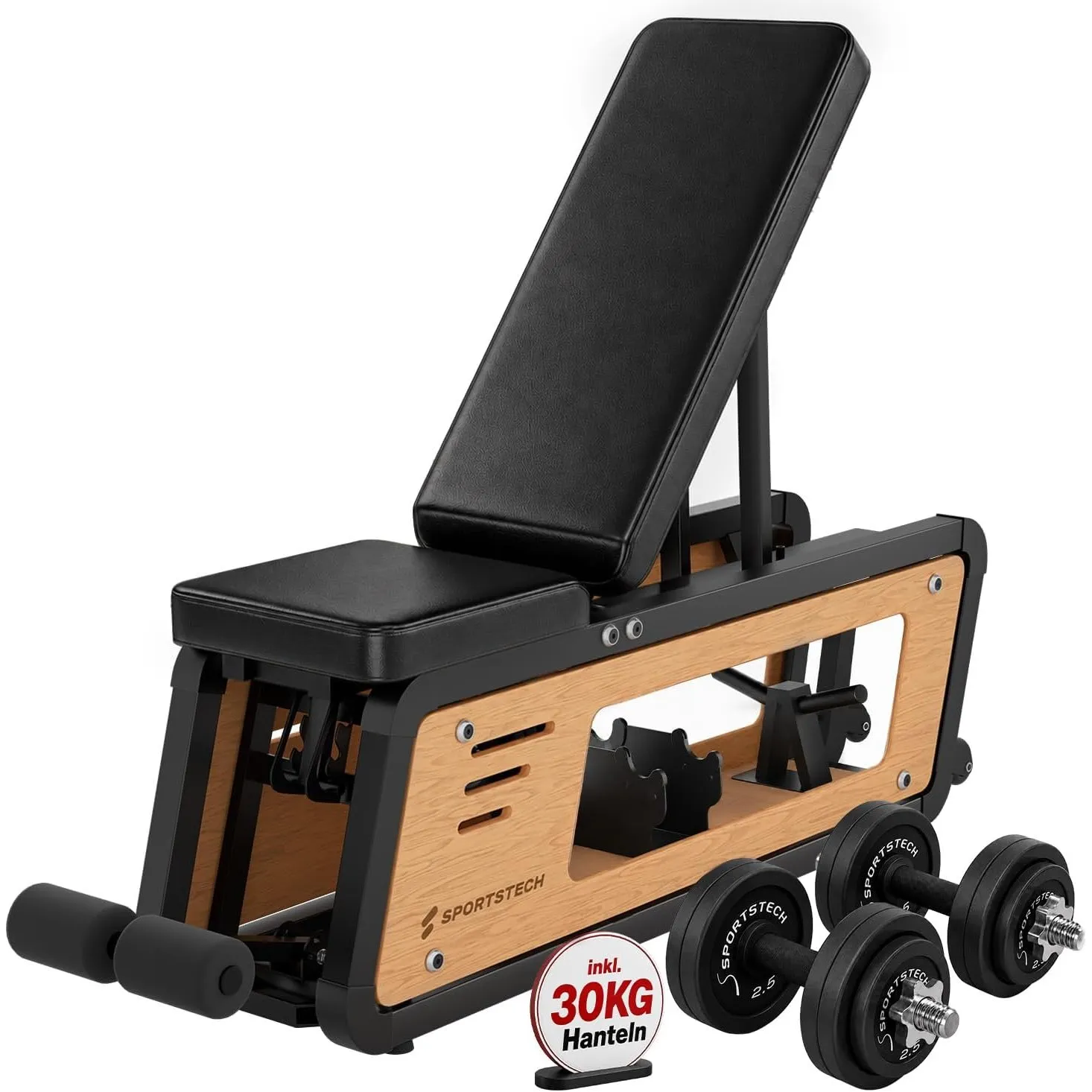 Sportstech Hantelbank Holz für Zuhause, 220 kg belastbar, mit Hantelablage