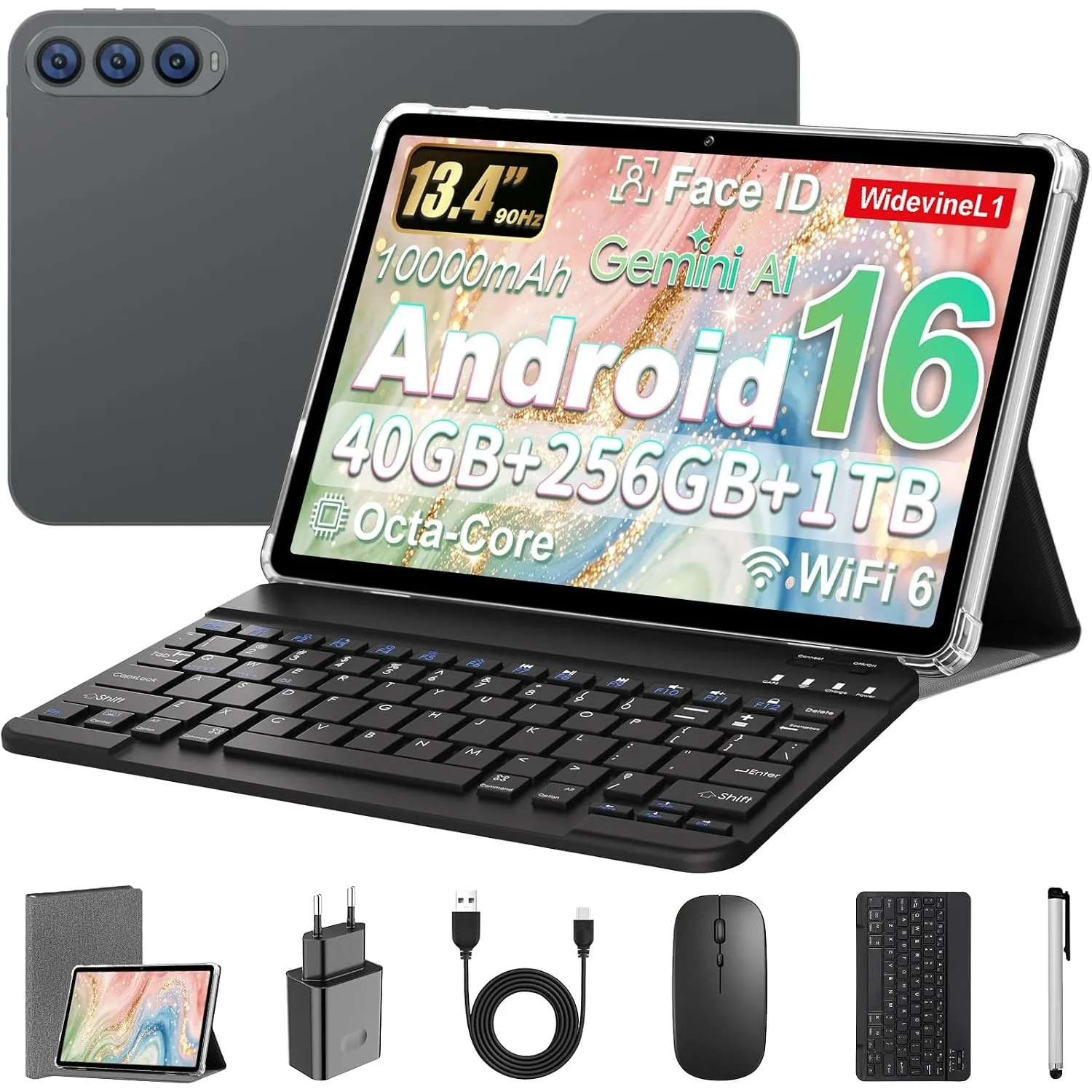 Android 16 Tablet 13,4 Zoll mit Gemini AI, Tablets mit Hülle, Tastatur, Maus & Stylus, Unisoc T615 Octa-Core, 40 GB RAM…
