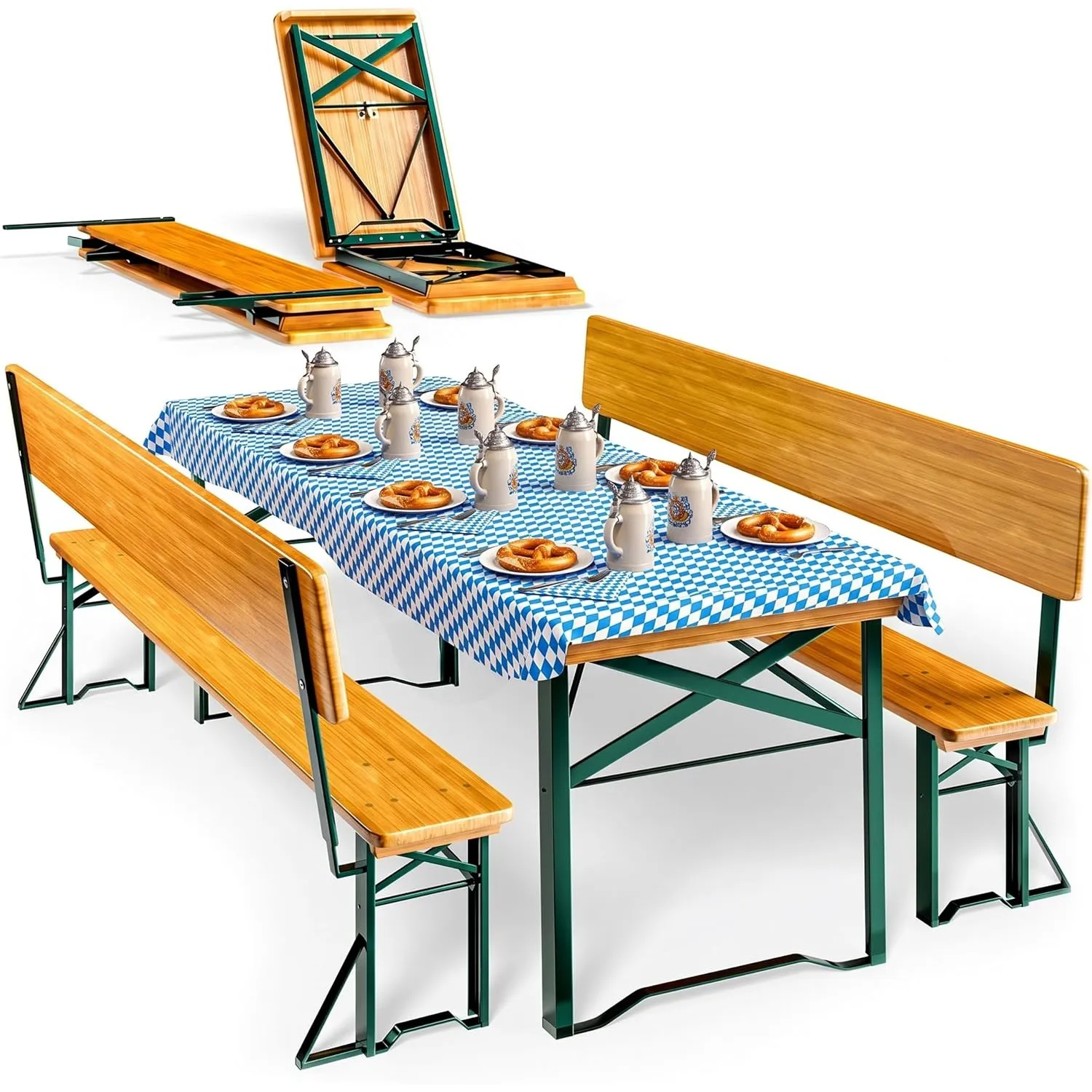 CASARIA® 2er Set Bierzeltgarnitur mit Lehne 170 cm Klappbar Stabil 2X Bierbank 1x Breiter Tisch Holz Biertischgarnitur …