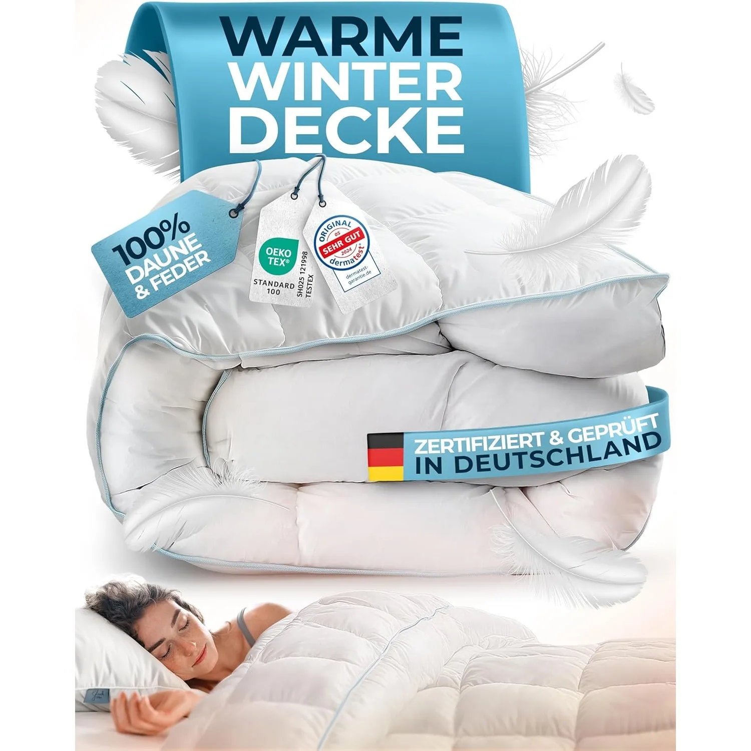 Glückstoff® Winterdecke aus Federn & Daunen 200x220 cm - Extra warme Decke
