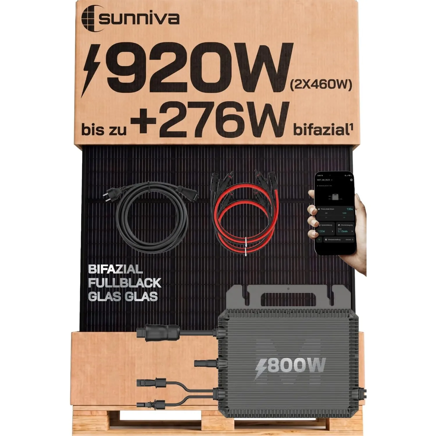 SUNNIVA® 920W Balkonkraftwerk mit 800W Wechselrichter MARSTEK, BIFAZIAL FULLBLACK komplett Steckdose, PV Solaranlage Ko…