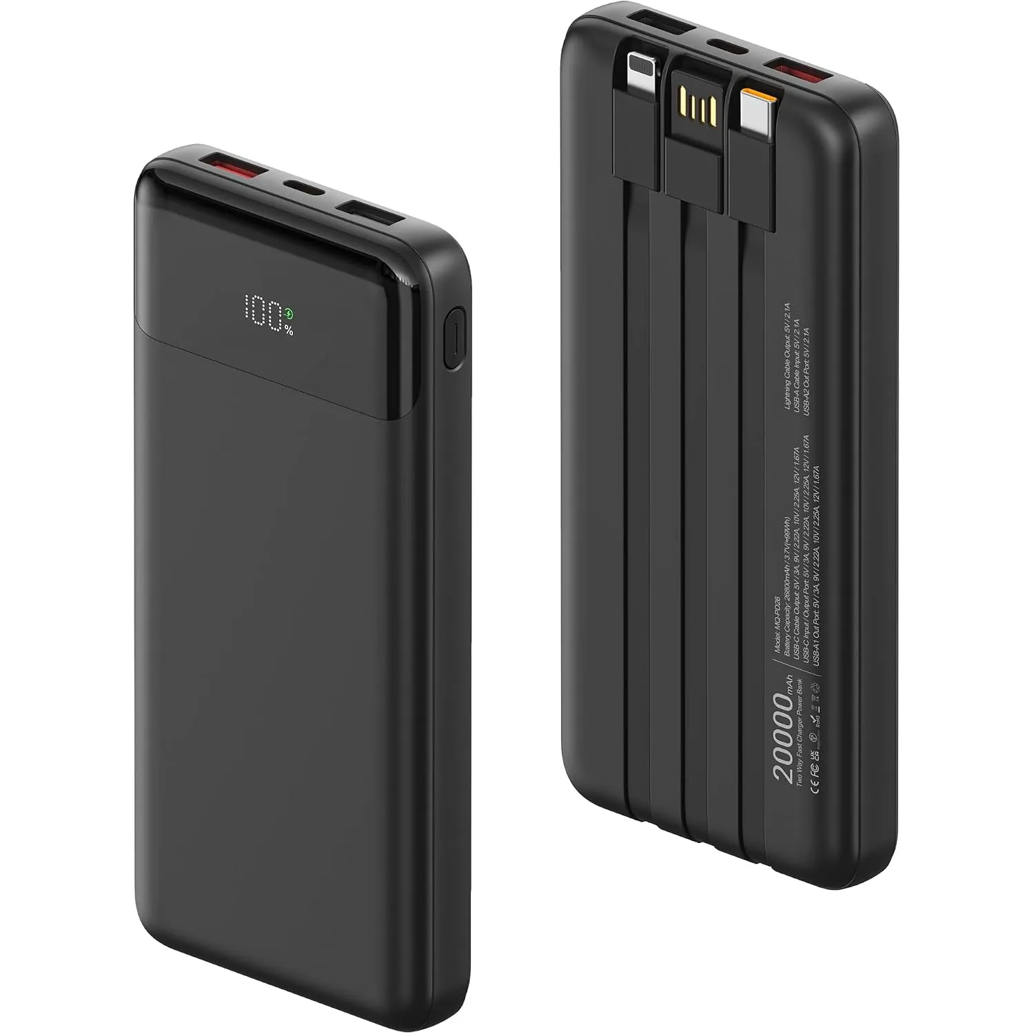 Power Bank 20000mAh, Powerbank 22,5W Schnellladung mit Integrierten 3 Kabel