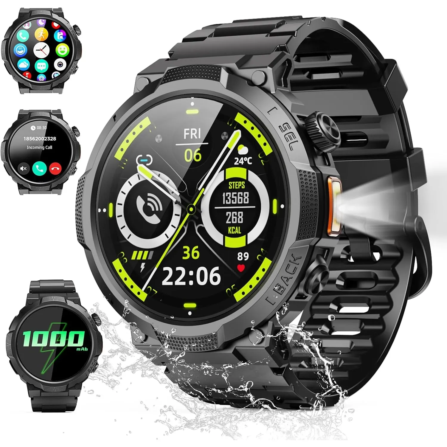 Soudorv Smartwatch Herren, 1000mAh Smart Watch mit Telefonfunktion, Schwarz