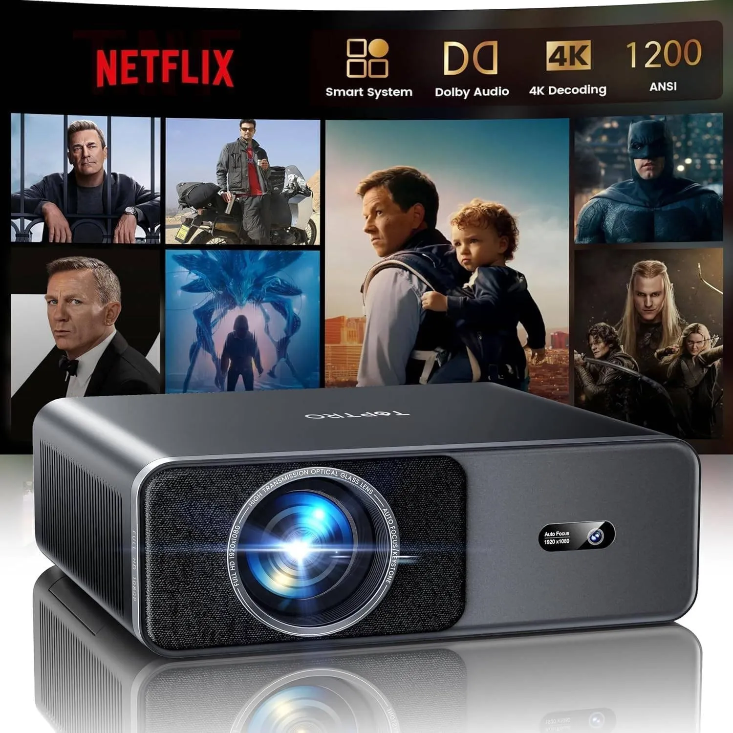 Smart Beamer [Kompatibel mit Netflix & 20W Dolby Audio] 1200 ANSI Autofokus & 6D Trapezkorrektur, TOPTRO Beamer 4K Heim…
