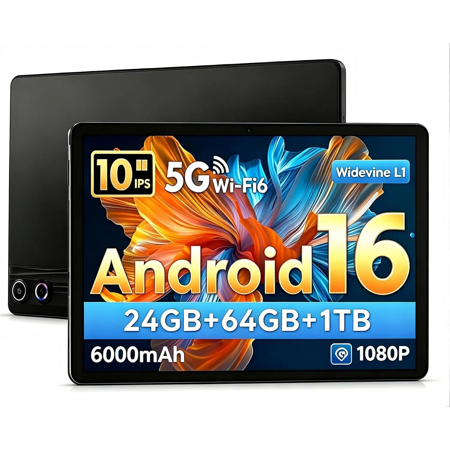 Android 16 Tablet, 10 Zoll Tablets, 24GB RAM+64GB ROM+1TB erweiterbar, WiFi 6, Bluetooth 5.4, Dual‑Kameras, Face ID, 60…