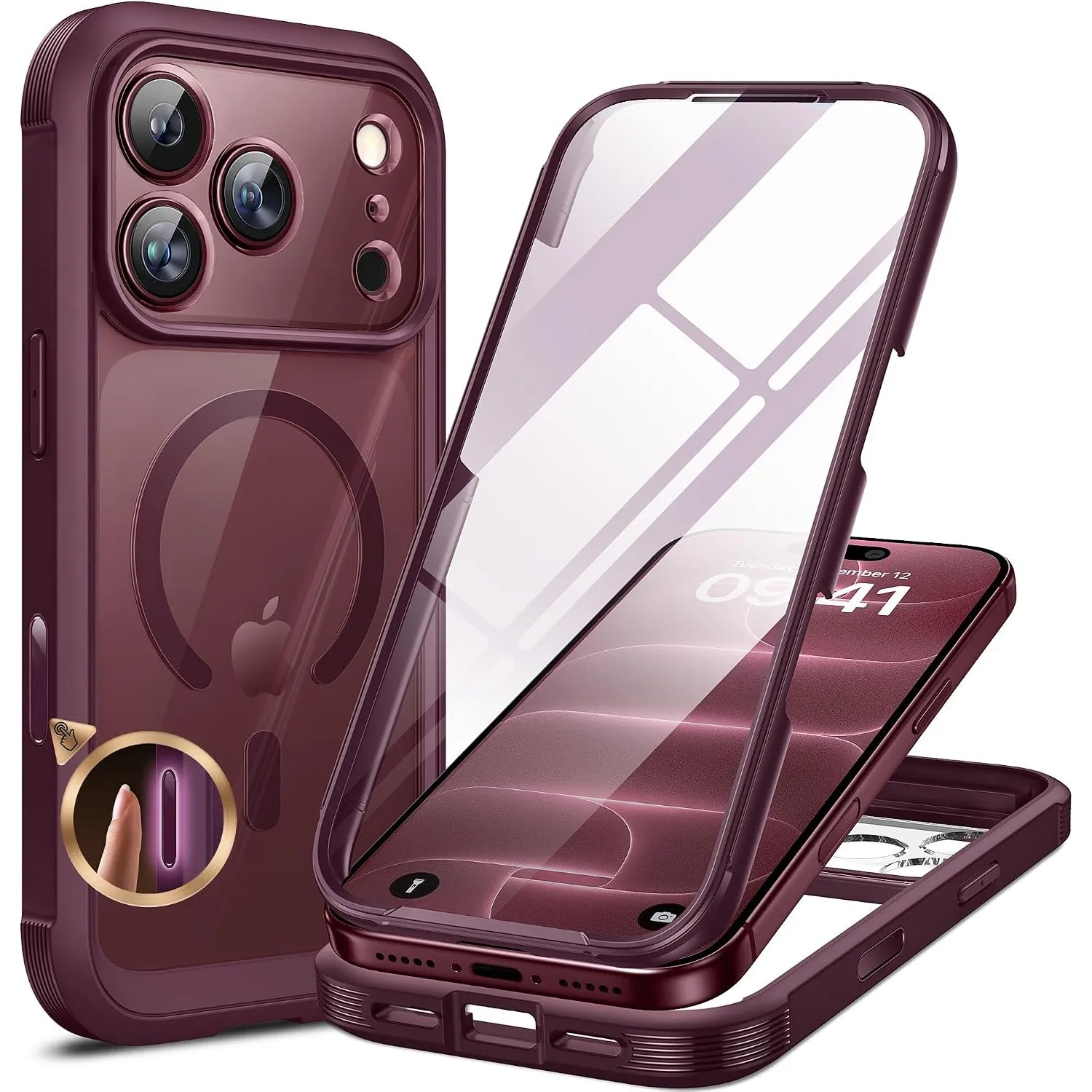Miracase für iPhone 18 Pro Hülle 360° Stoßfest mit MagSafe, Burgundy