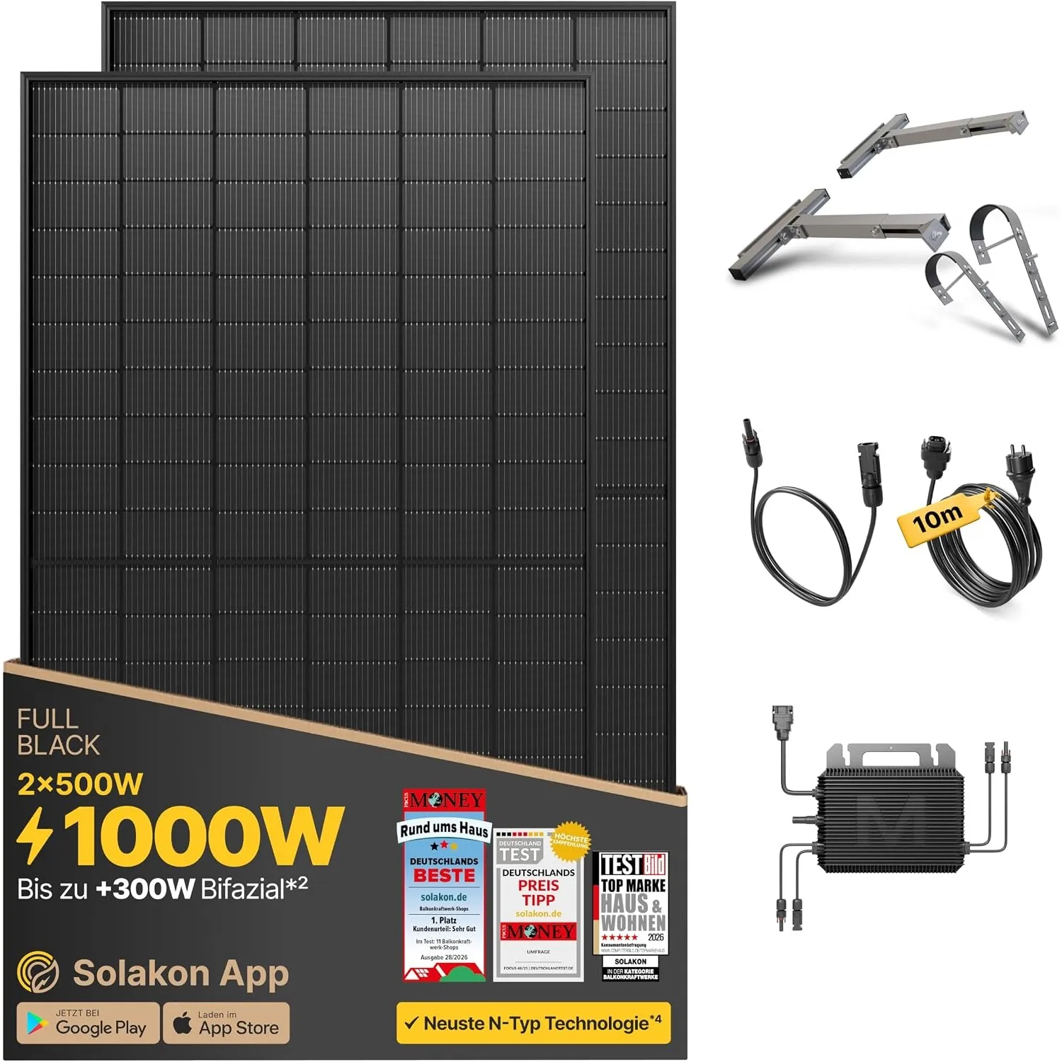 Solakon® 1000W Balkonkraftwerk mit Halterung für Balkon, 10m Kabel