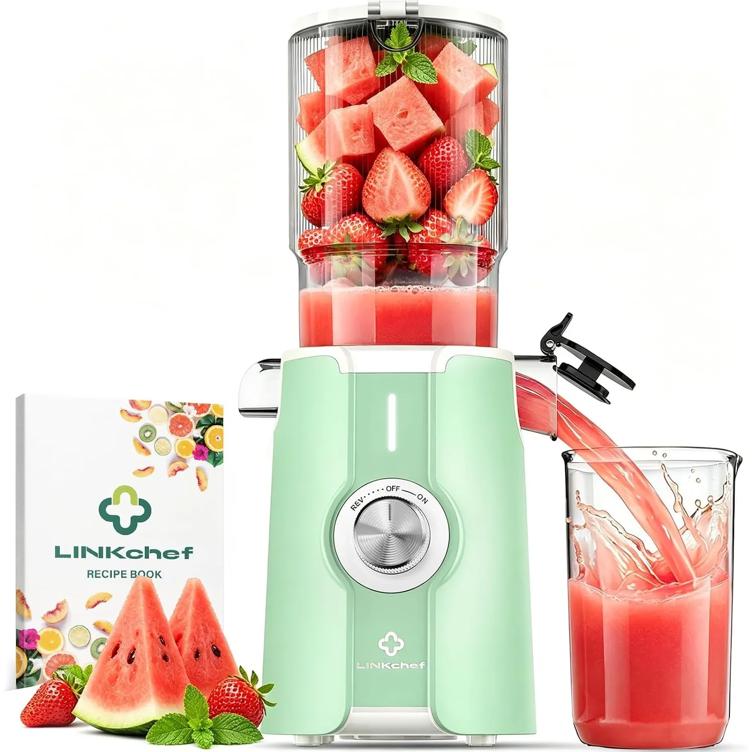 LINKChef Slow Juicer Entsafter Elektrisch, 200W Kaltentsafter mit 115mm Einfüllschacht für Ganze Früchte, 1,2L Entsafte…