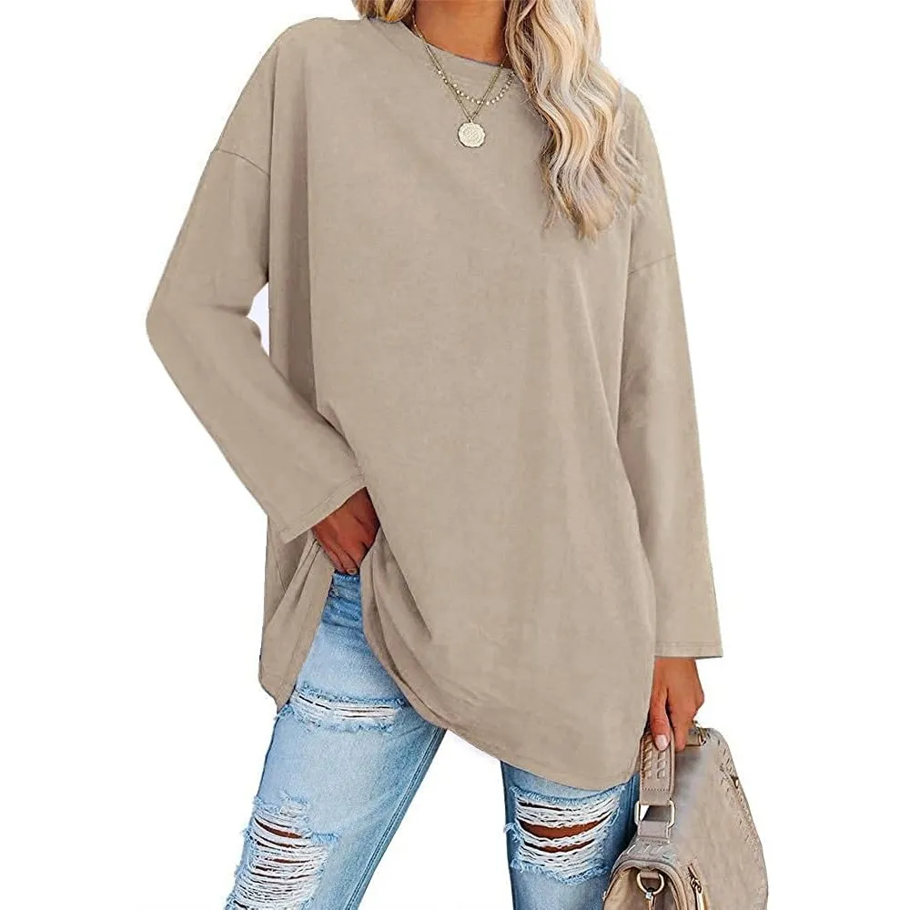 Ebifin Damen Langarmshirt Oversize Longshirt Rundhals