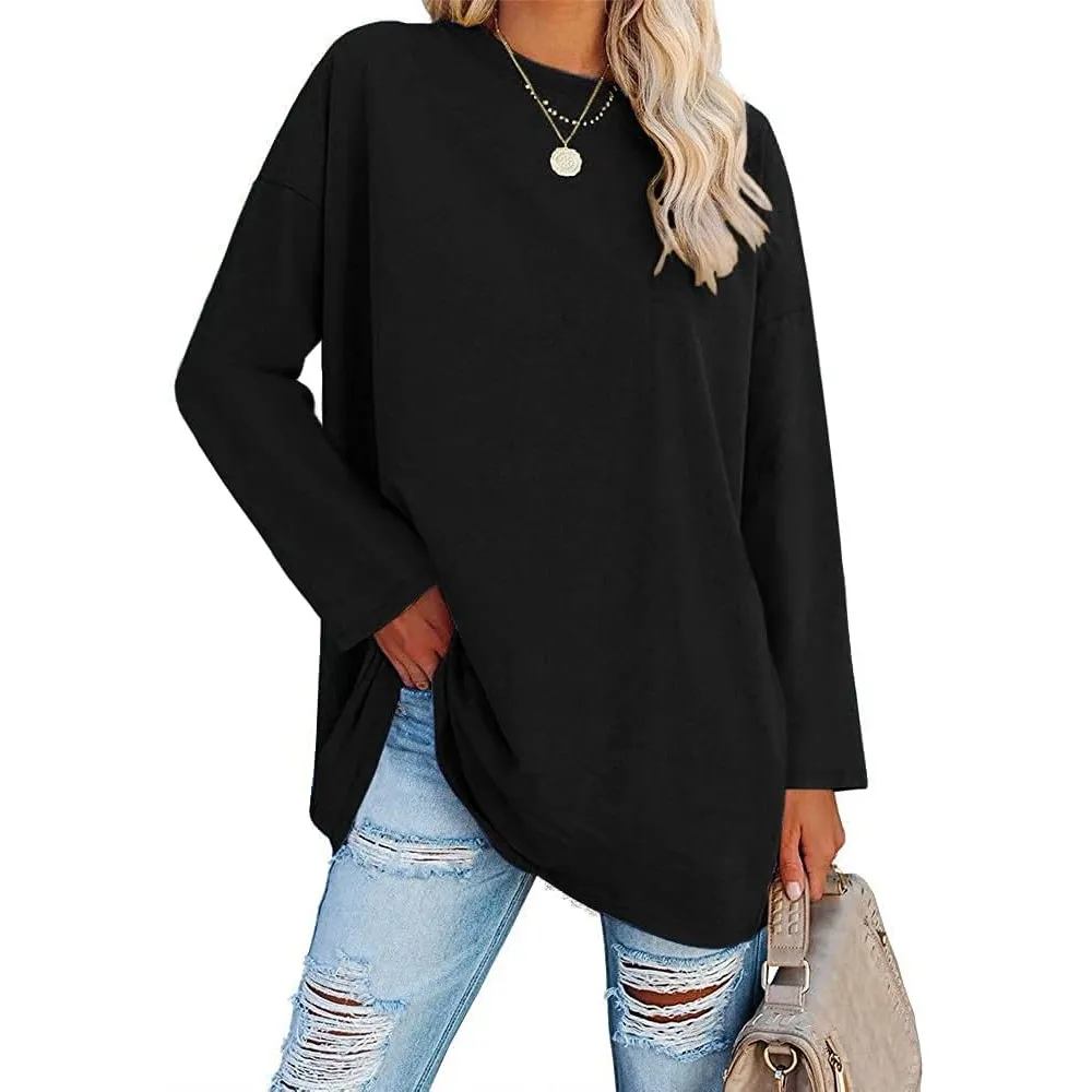 Ebifin Damen Langarmshirt Oversize Longshirt Rundhals